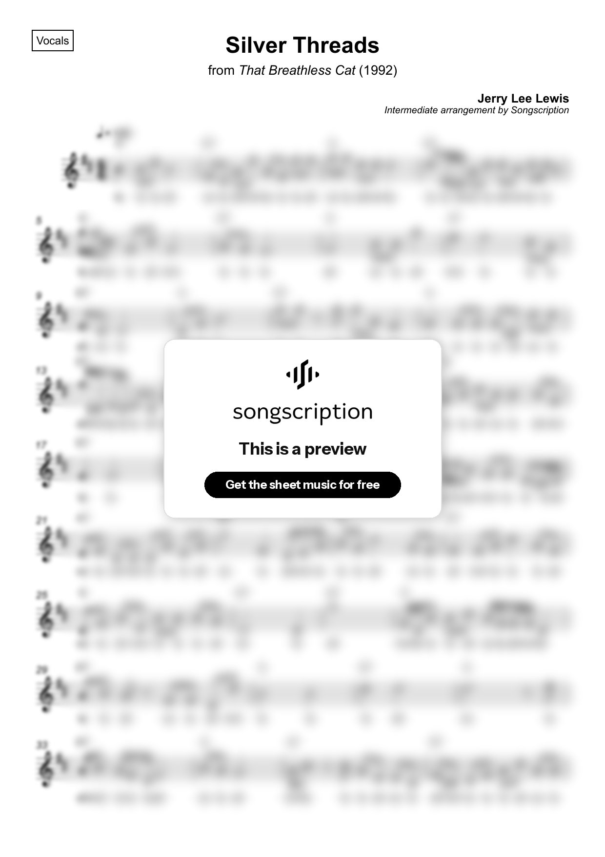 Intermediate Vocals Sheet Music for "Silver Threads" by Jerry Lee Lewis