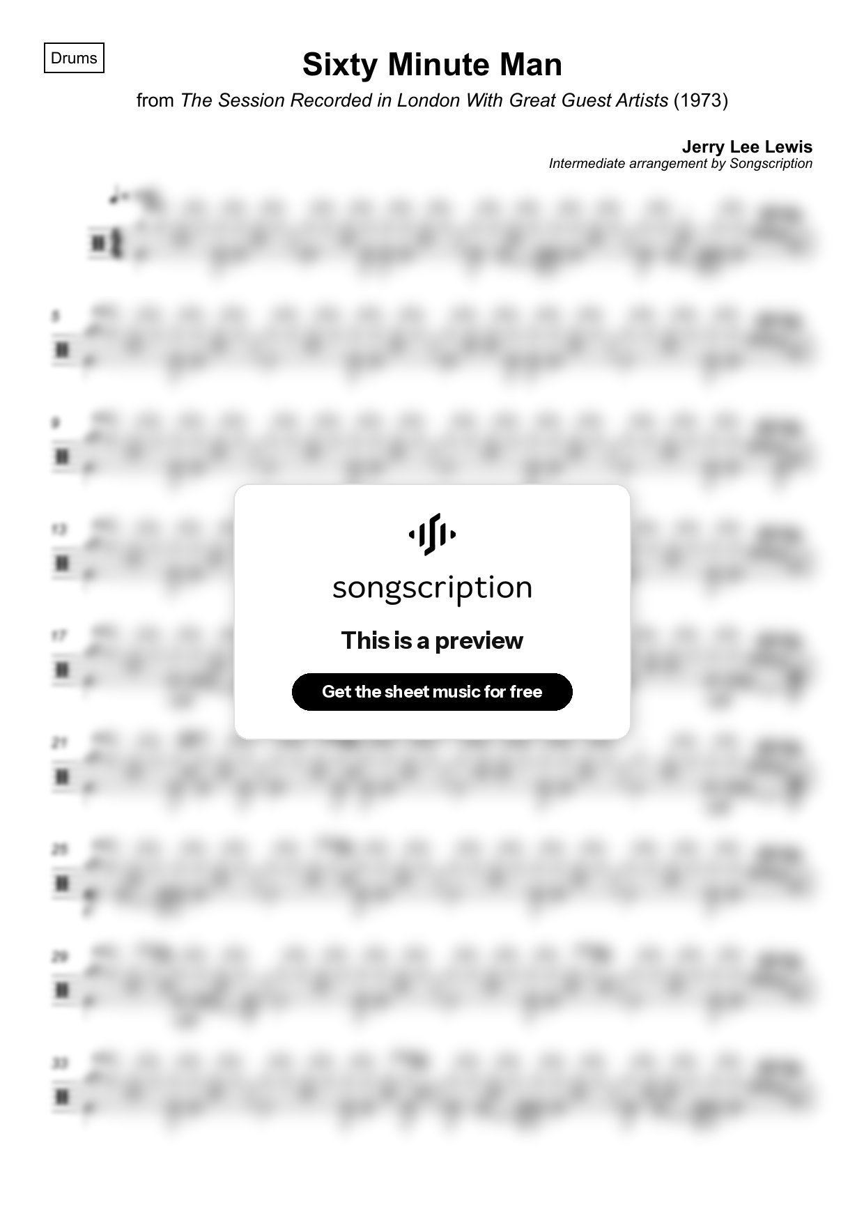 Intermediate Drums Sheet Music for "Sixty Minute Man" by Jerry Lee Lewis