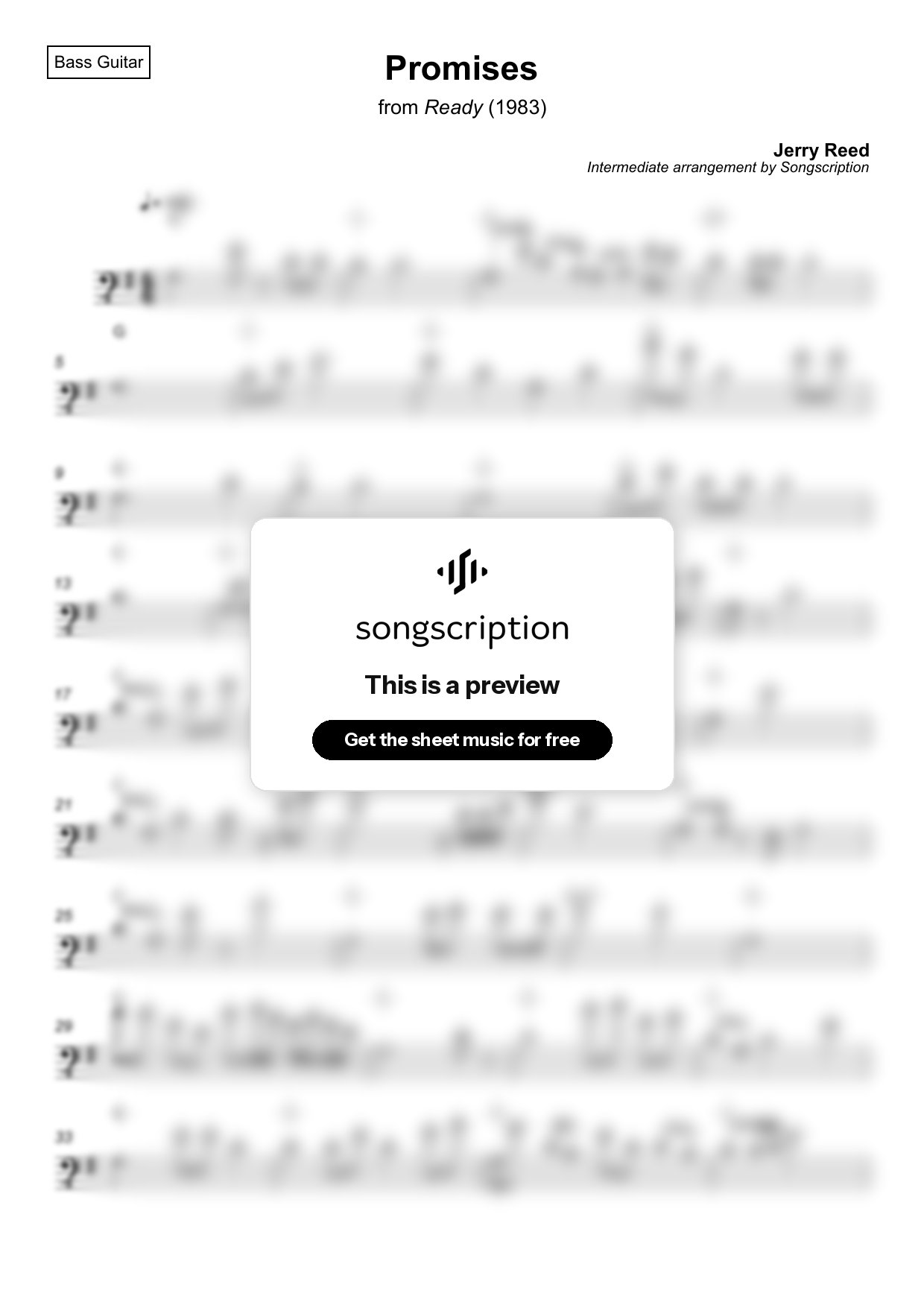 Intermediate Bass Guitar Sheet Music for "Promises" by Jerry Reed