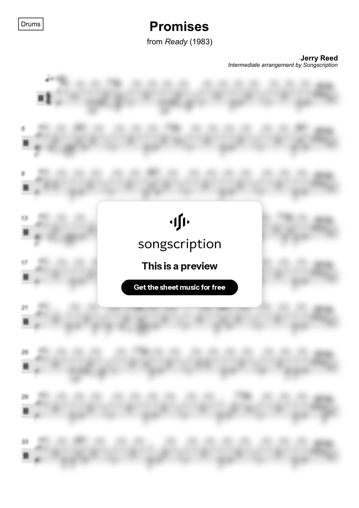 Intermediate Drums Sheet Music for "Promises" by Jerry Reed