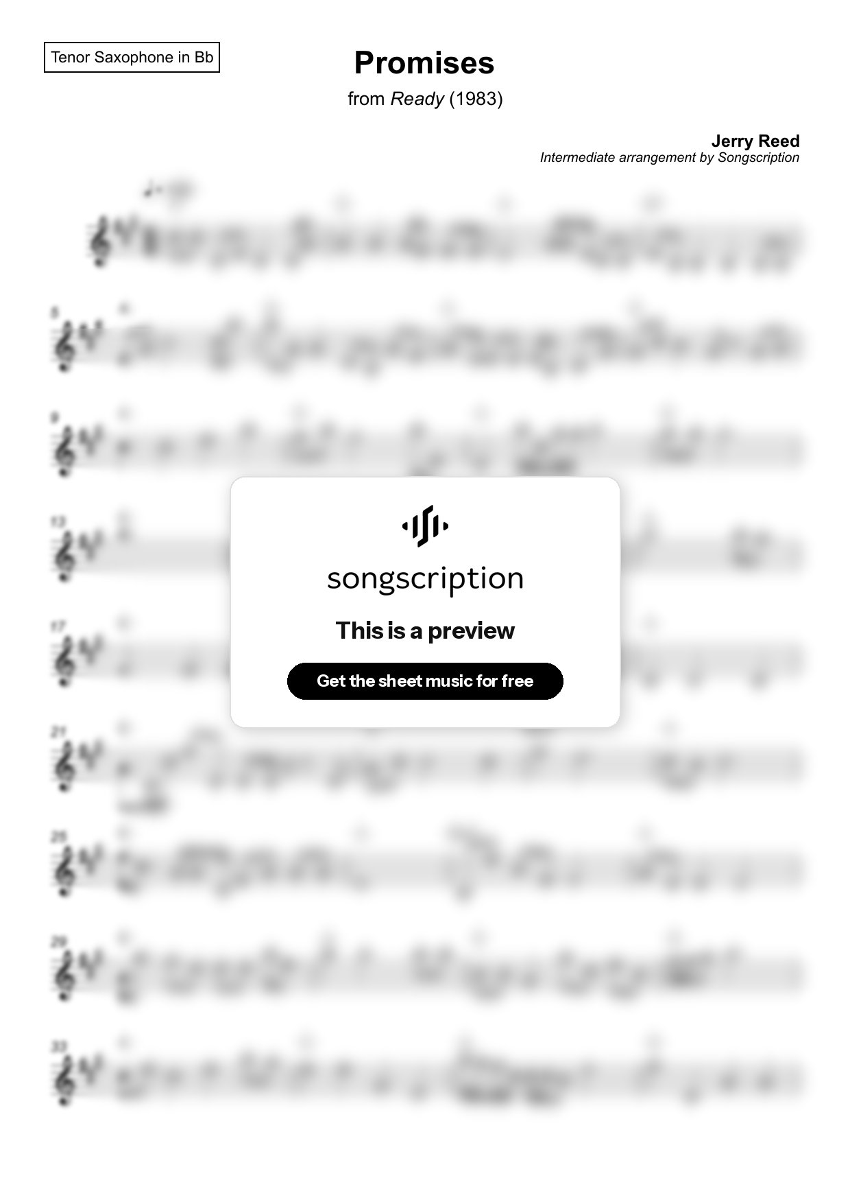 Intermediate Tenor Sax Sheet Music for "Promises" by Jerry Reed