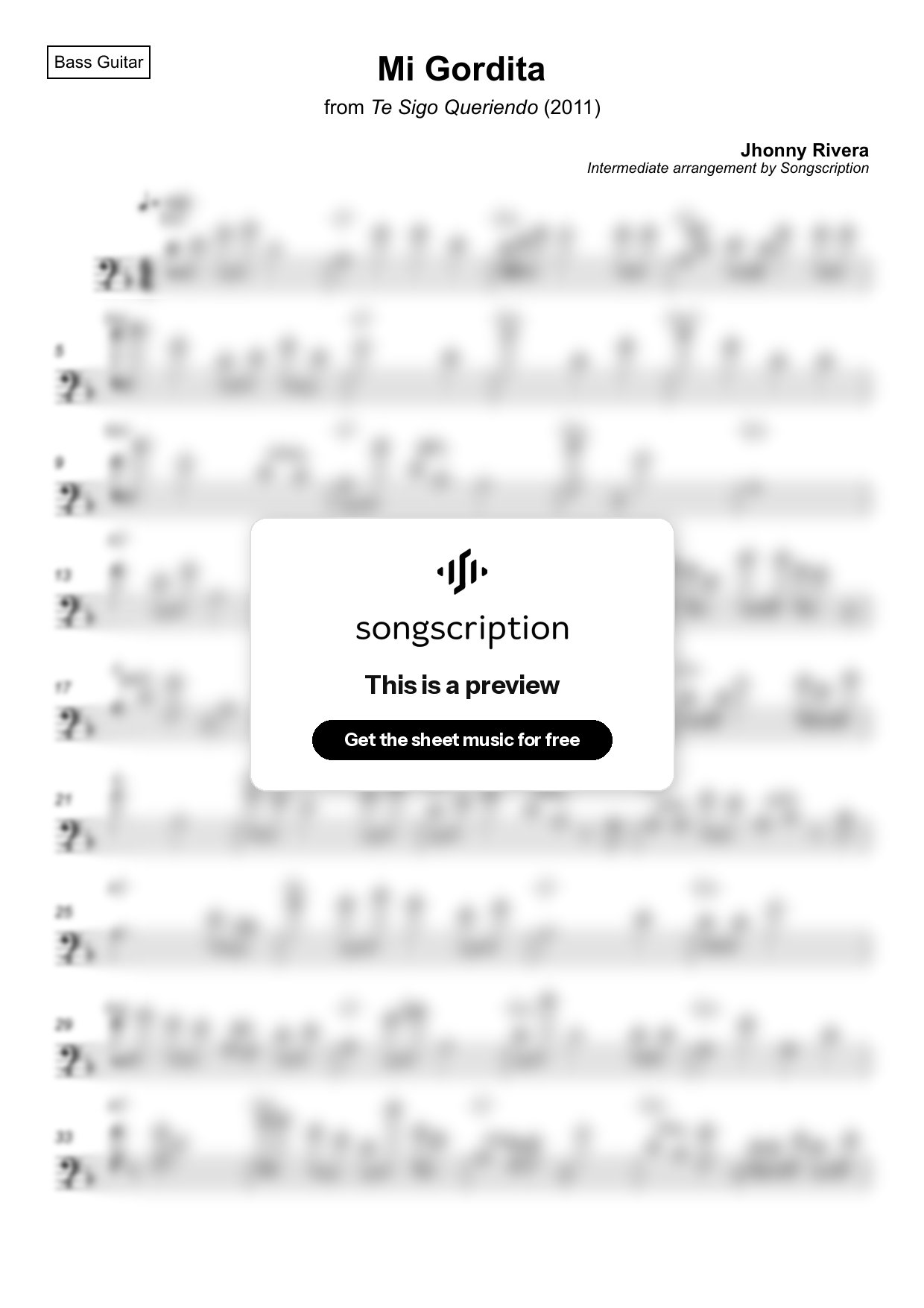 Intermediate Bass Guitar Sheet Music for "Mi Gordita" by Jhonny Rivera
