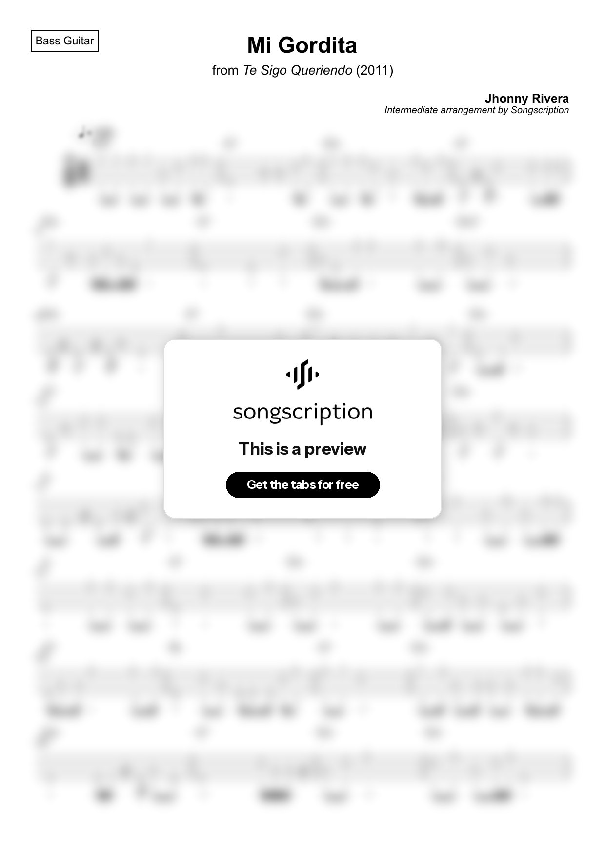 Intermediate Bass Guitar Tabs for "Mi Gordita" by Jhonny Rivera