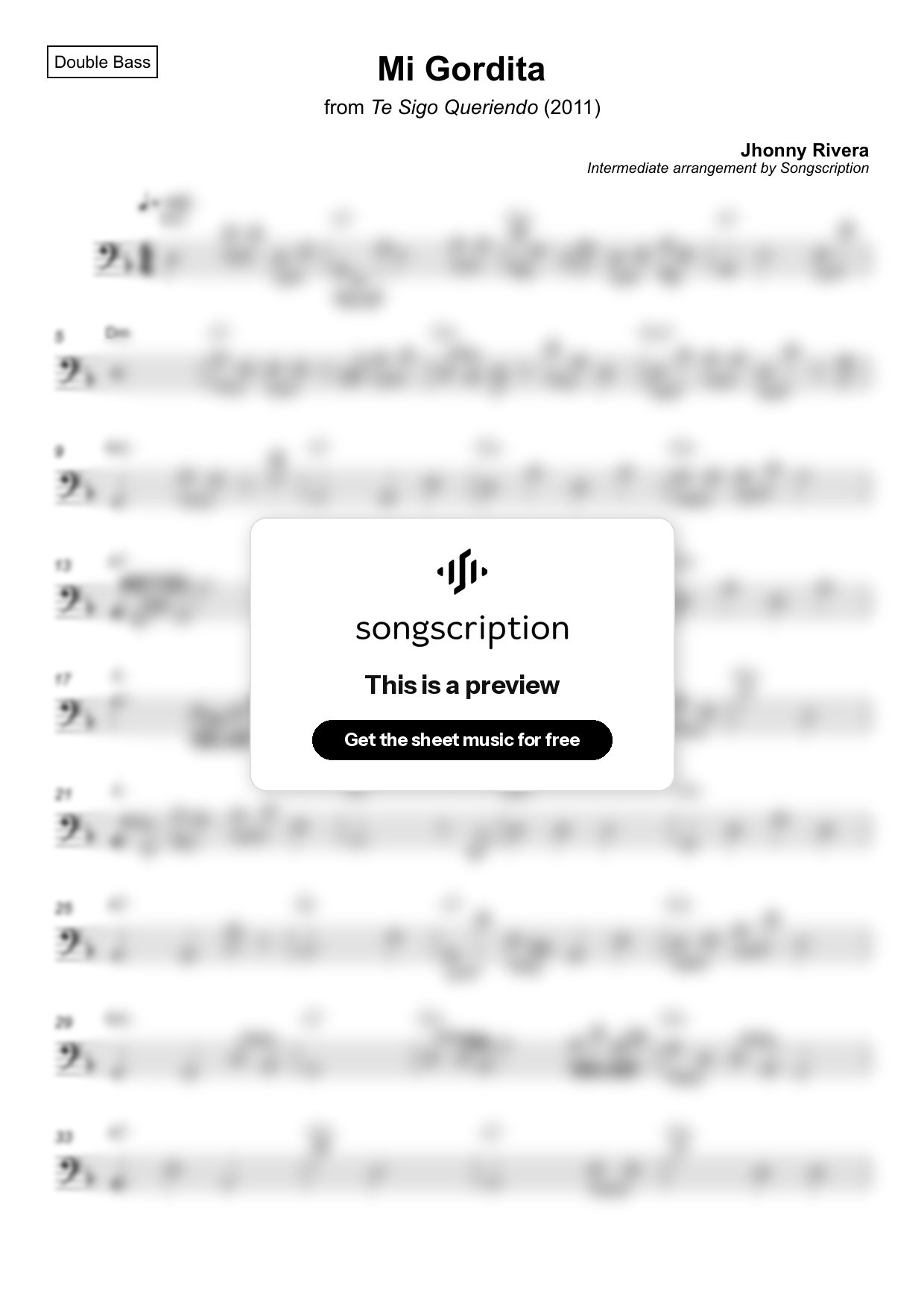 Intermediate Double Bass Sheet Music for "Mi Gordita" by Jhonny Rivera