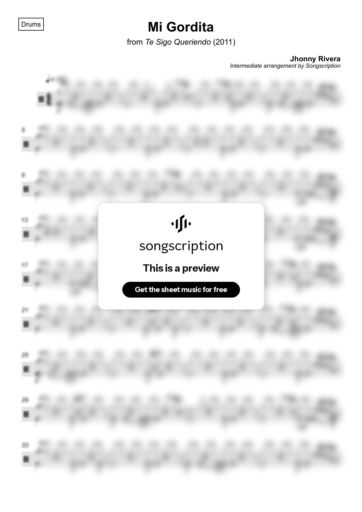 Intermediate Drums Sheet Music for "Mi Gordita" by Jhonny Rivera