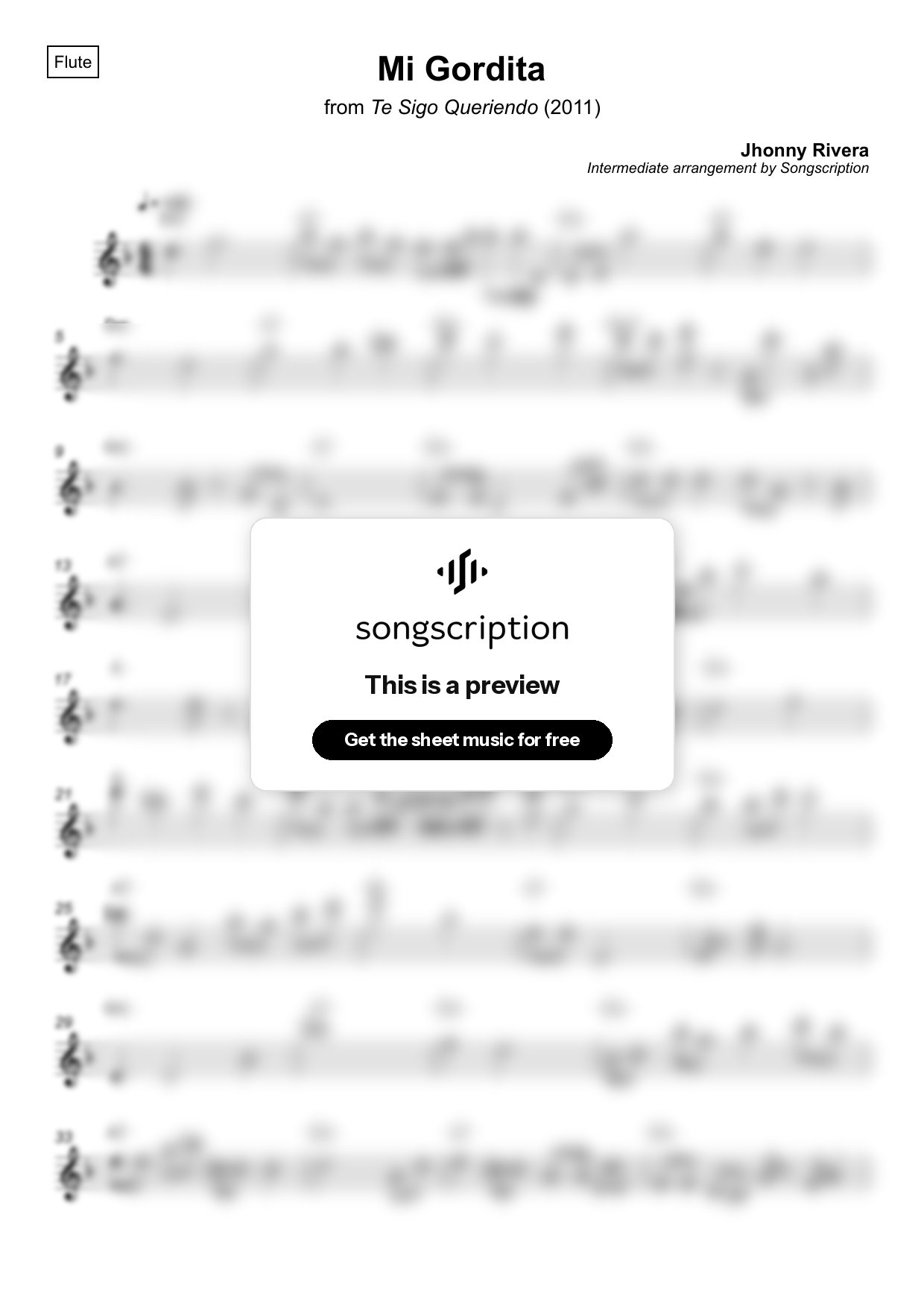 Intermediate Flute Sheet Music for "Mi Gordita" by Jhonny Rivera