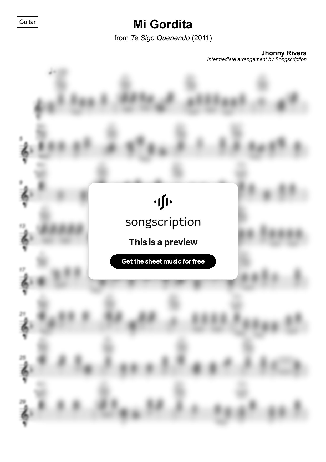 Intermediate Acoustic Guitar Sheet Music for "Mi Gordita" by Jhonny Rivera