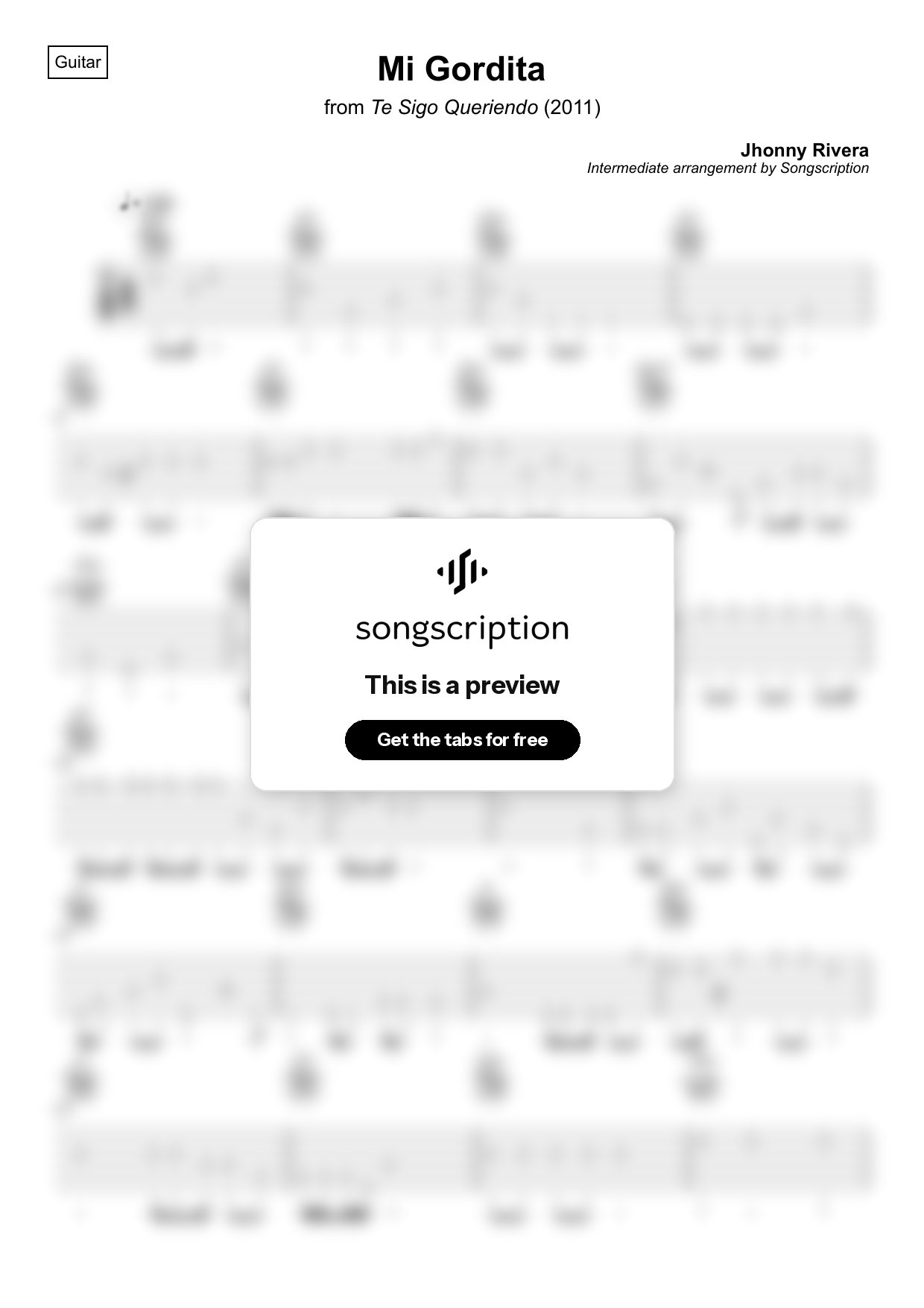 Intermediate Acoustic Guitar Tabs for "Mi Gordita" by Jhonny Rivera