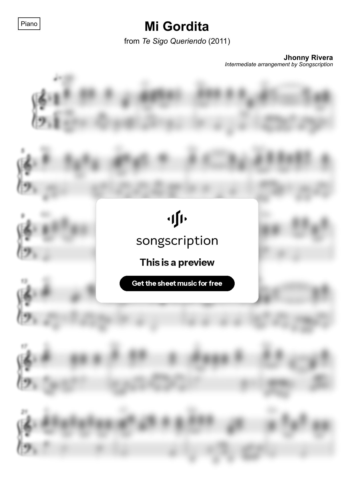 Intermediate Piano Sheet Music for "Mi Gordita" by Jhonny Rivera