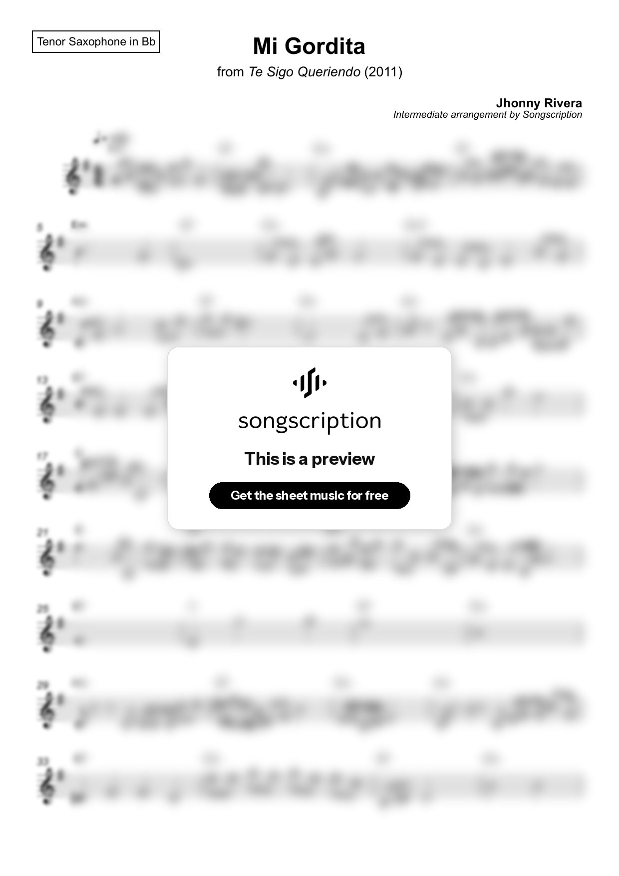 Intermediate Tenor Sax Sheet Music for "Mi Gordita" by Jhonny Rivera