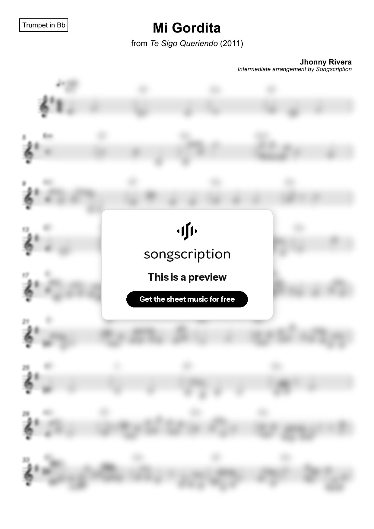Intermediate Trumpet Sheet Music for "Mi Gordita" by Jhonny Rivera