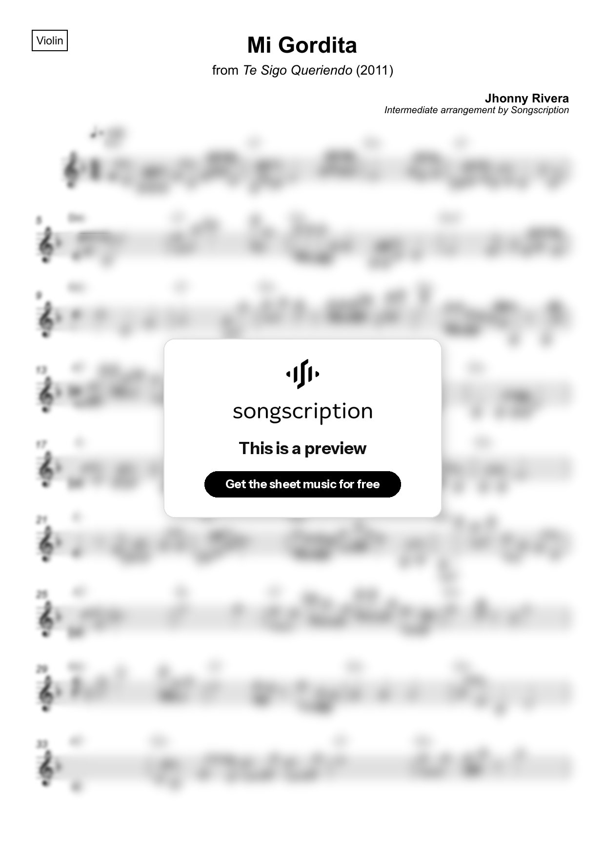 Intermediate Violin Sheet Music for "Mi Gordita" by Jhonny Rivera