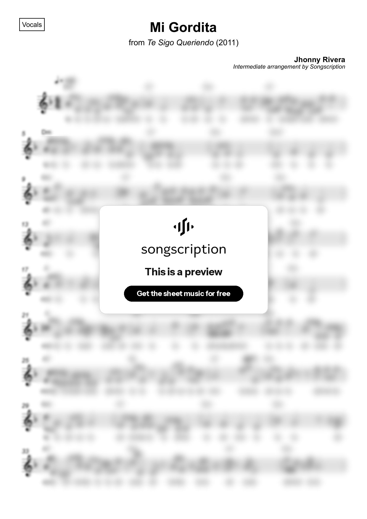 Intermediate Vocals Sheet Music for "Mi Gordita" by Jhonny Rivera