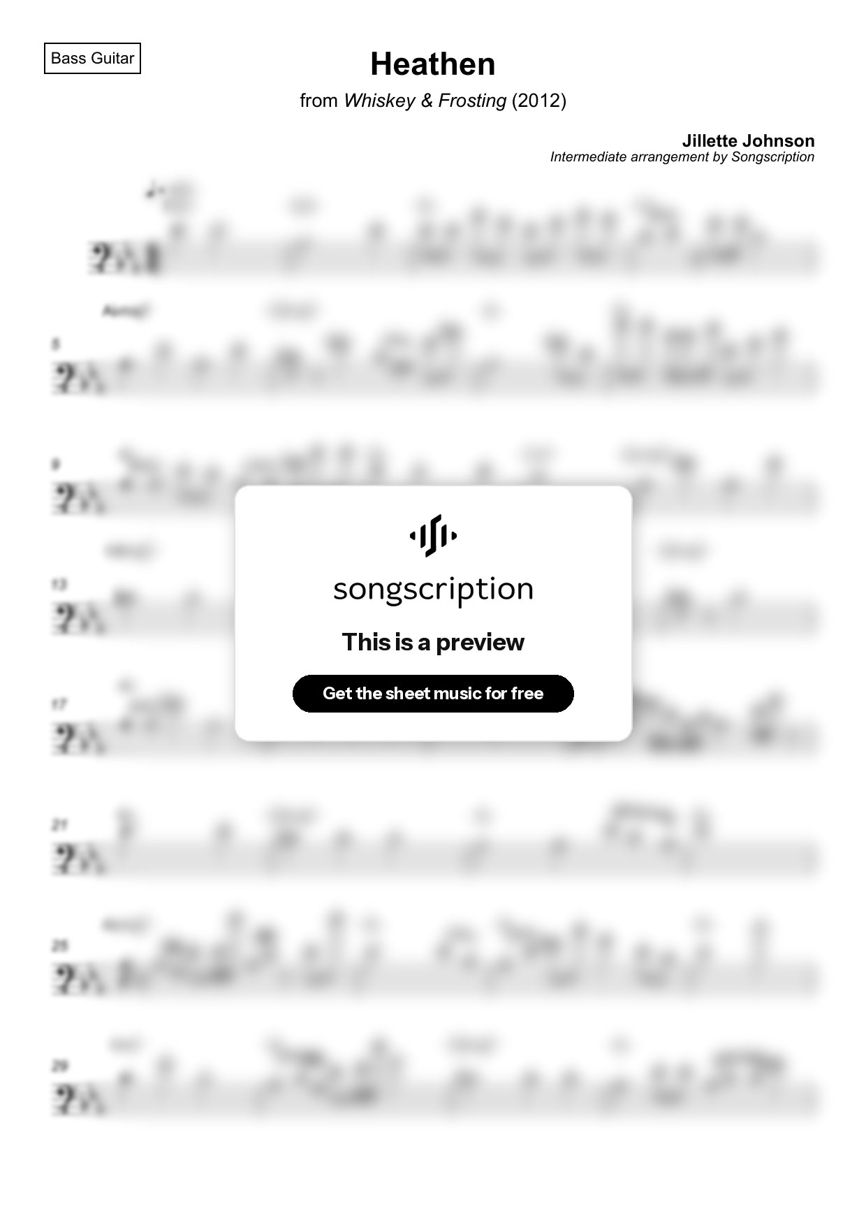 Intermediate Bass Guitar Sheet Music for "Heathen" by Jillette Johnson