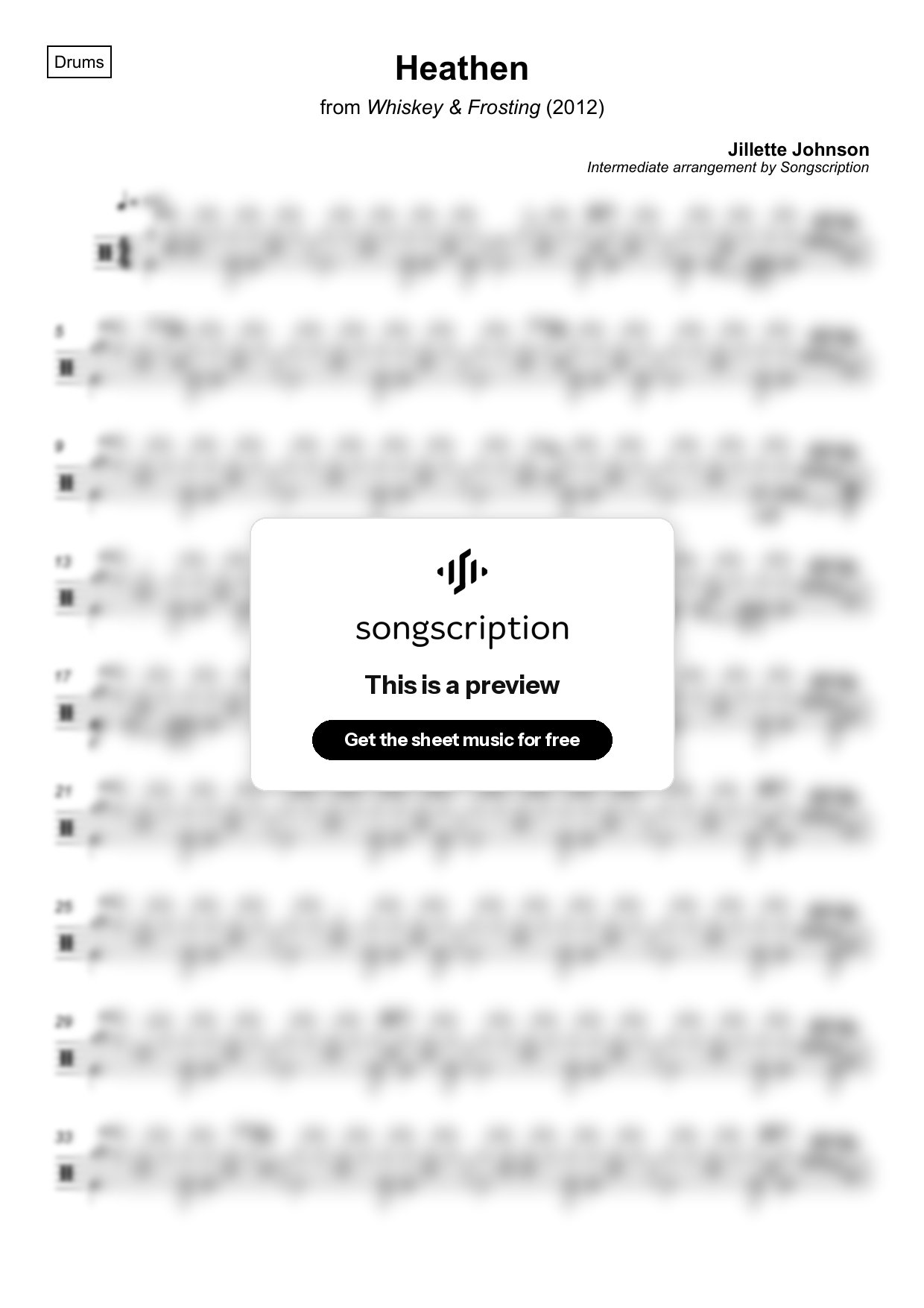 Intermediate Drums Sheet Music for "Heathen" by Jillette Johnson