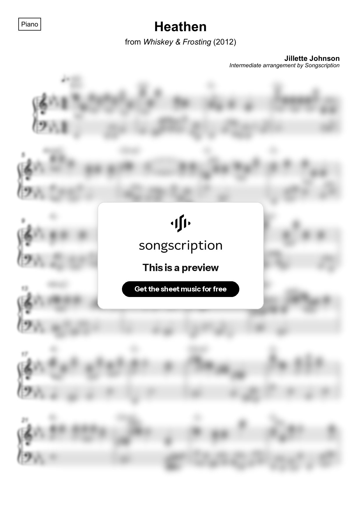 Intermediate Piano Sheet Music for "Heathen" by Jillette Johnson