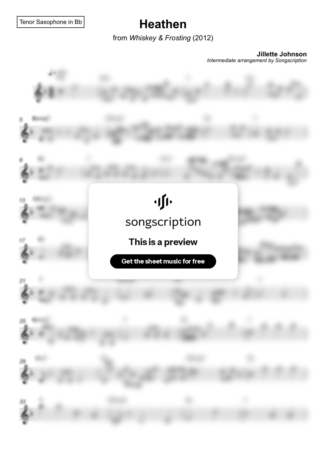 Intermediate Tenor Sax Sheet Music for "Heathen" by Jillette Johnson