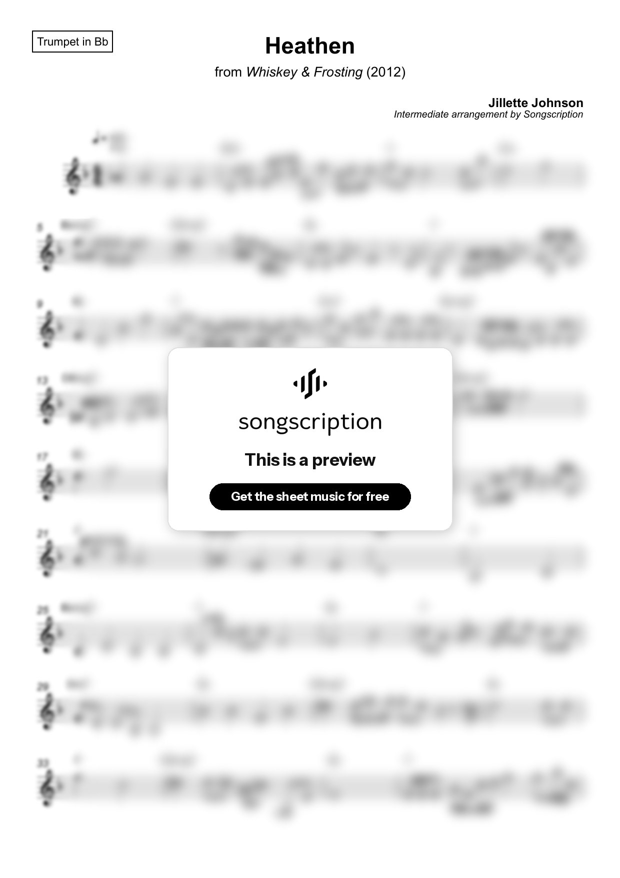 Intermediate Trumpet Sheet Music for "Heathen" by Jillette Johnson
