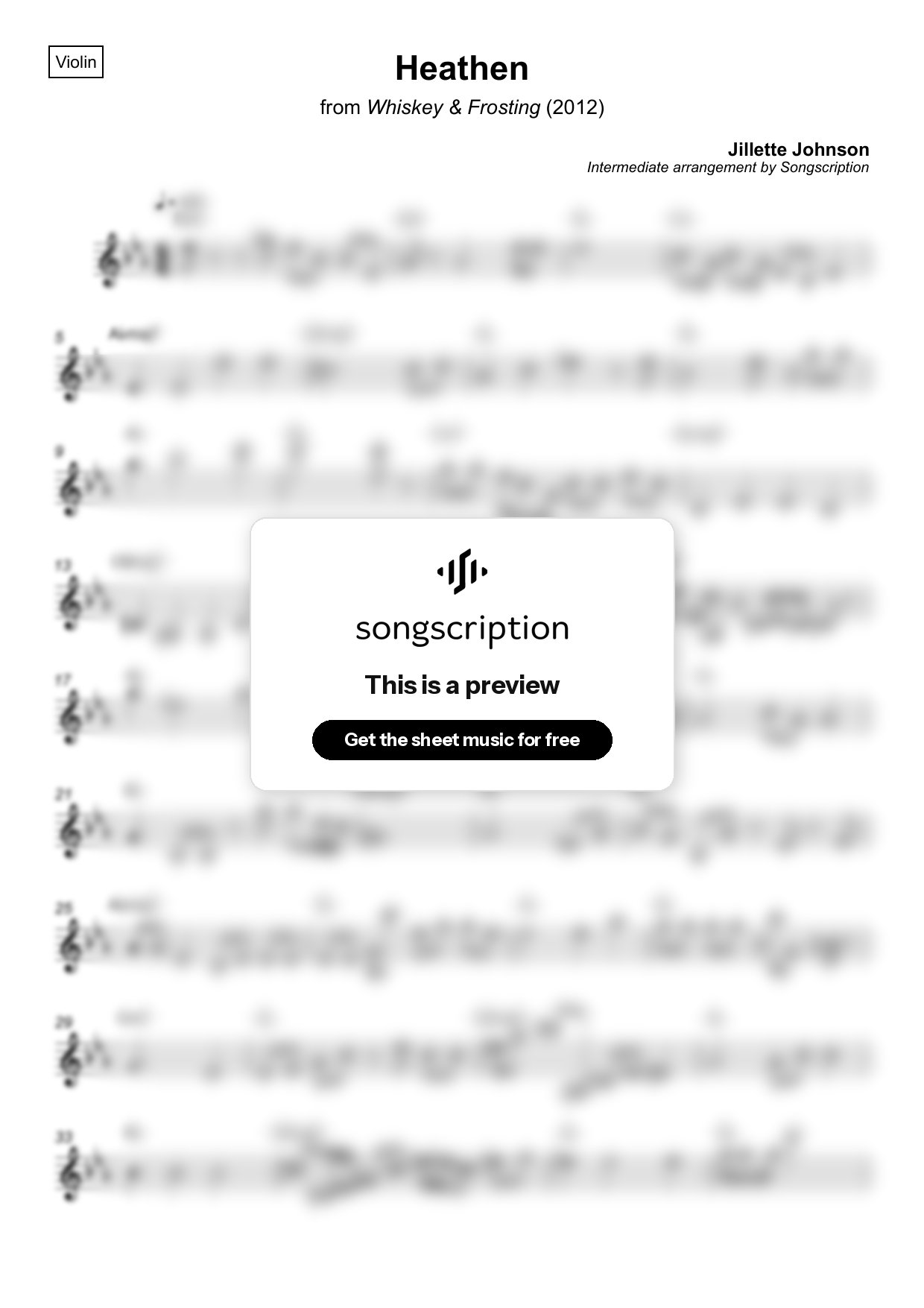 Intermediate Violin Sheet Music for "Heathen" by Jillette Johnson