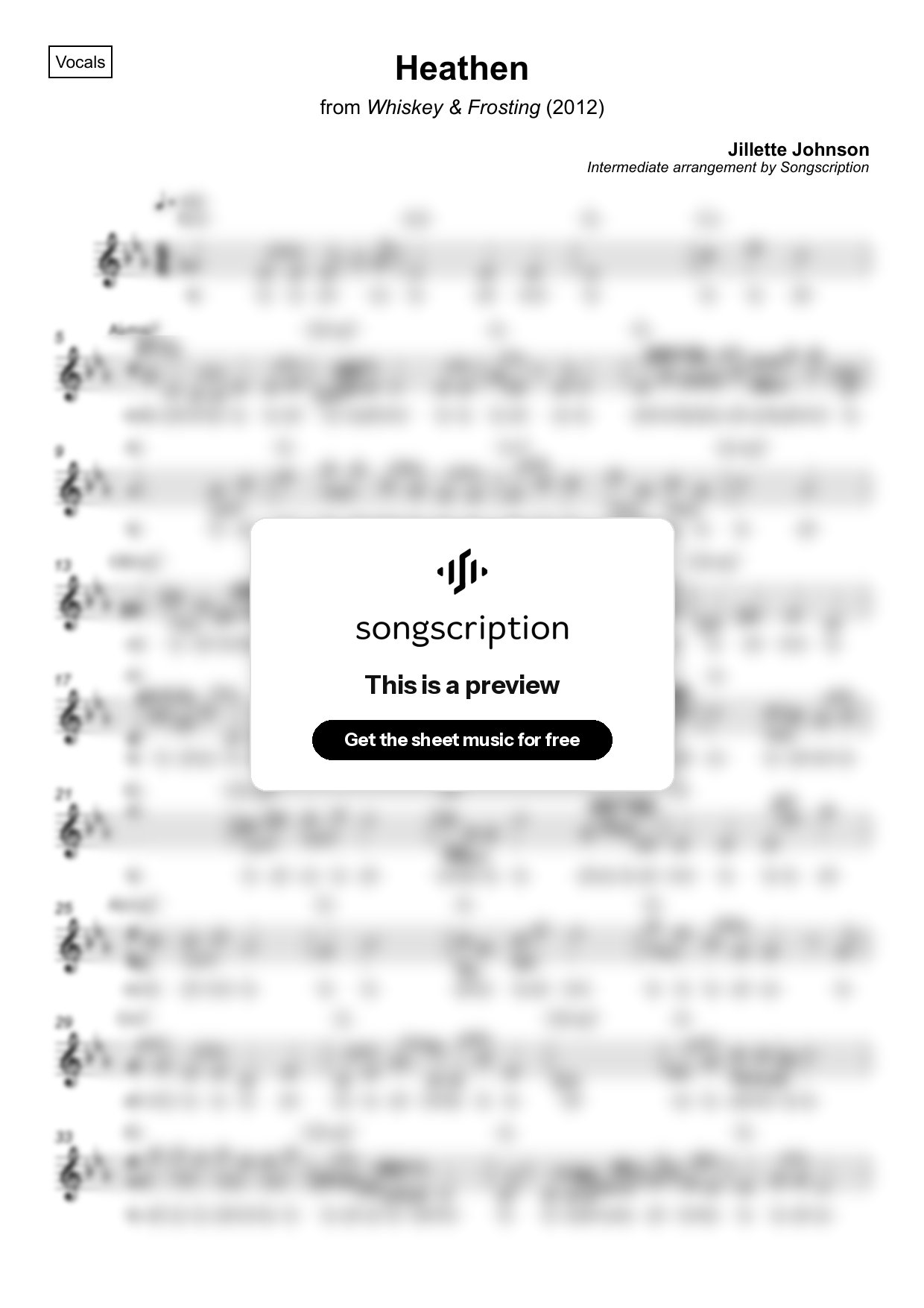 Intermediate Vocals Sheet Music for "Heathen" by Jillette Johnson