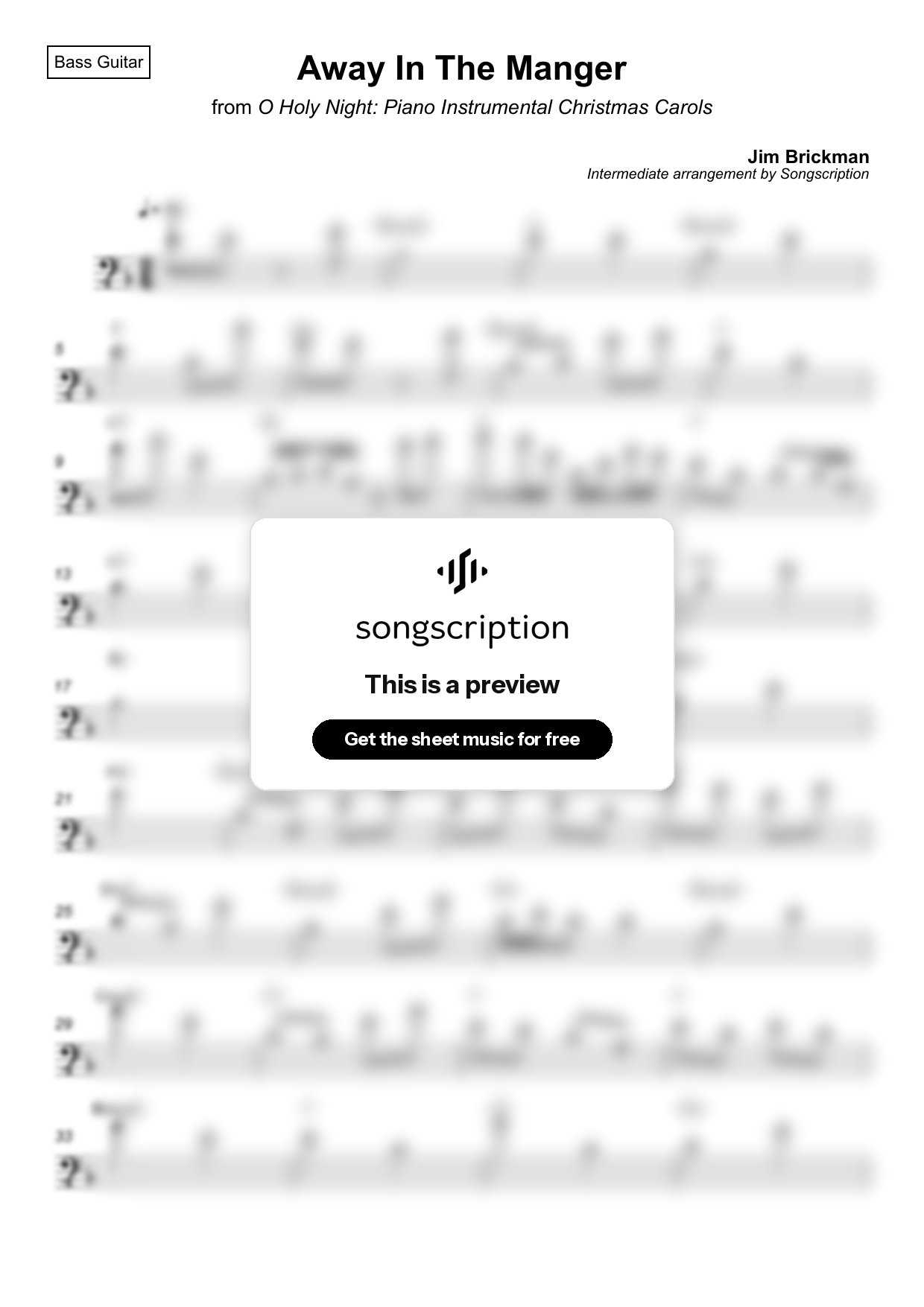 Intermediate Bass Guitar Sheet Music for "Away In The Manger" by Jim Brickman
