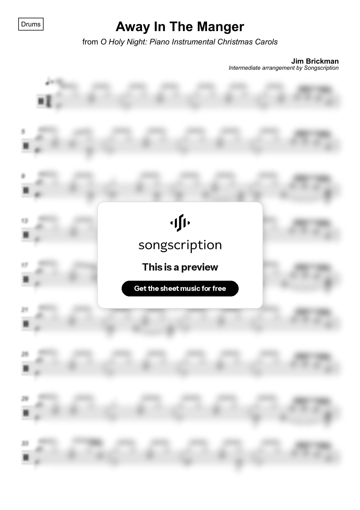 Intermediate Drums Sheet Music for "Away In The Manger" by Jim Brickman