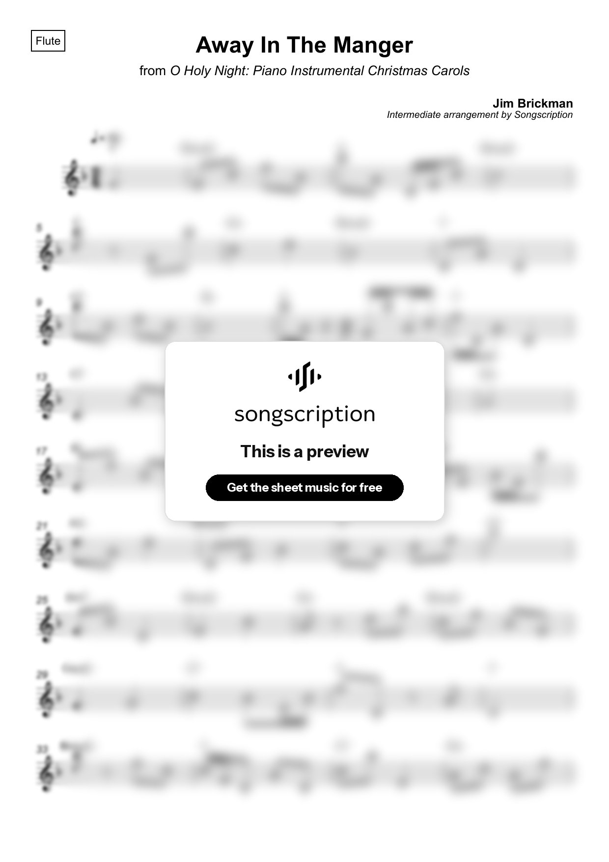 Intermediate Flute Sheet Music for "Away In The Manger" by Jim Brickman