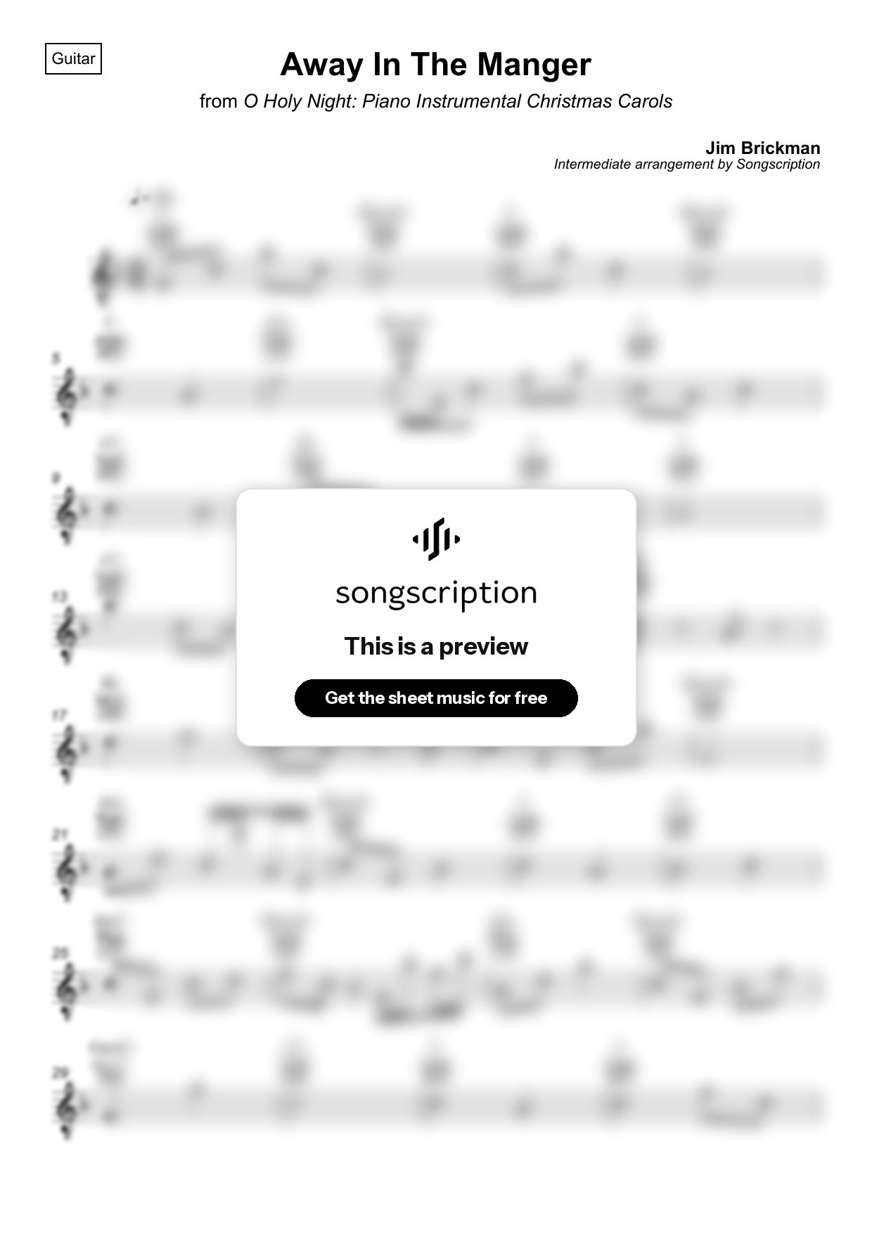 Intermediate Acoustic Guitar Sheet Music for "Away In The Manger" by Jim Brickman