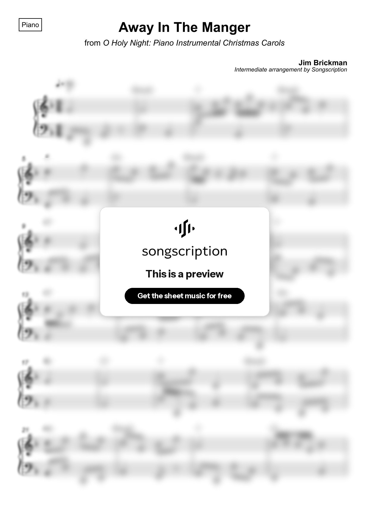 Intermediate Piano Sheet Music for "Away In The Manger" by Jim Brickman