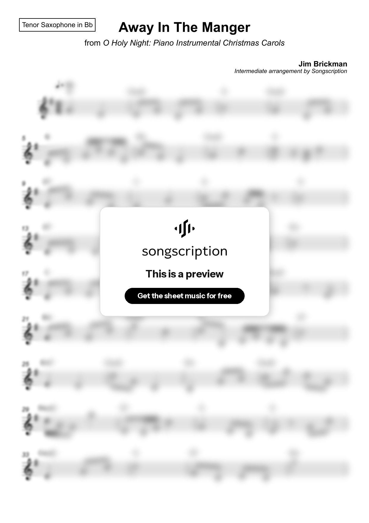 Intermediate Tenor Sax Sheet Music for "Away In The Manger" by Jim Brickman