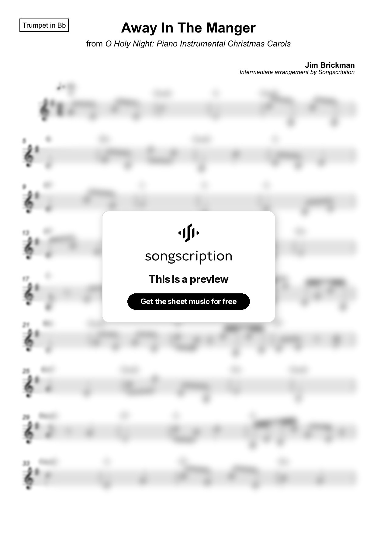 Intermediate Trumpet Sheet Music for "Away In The Manger" by Jim Brickman