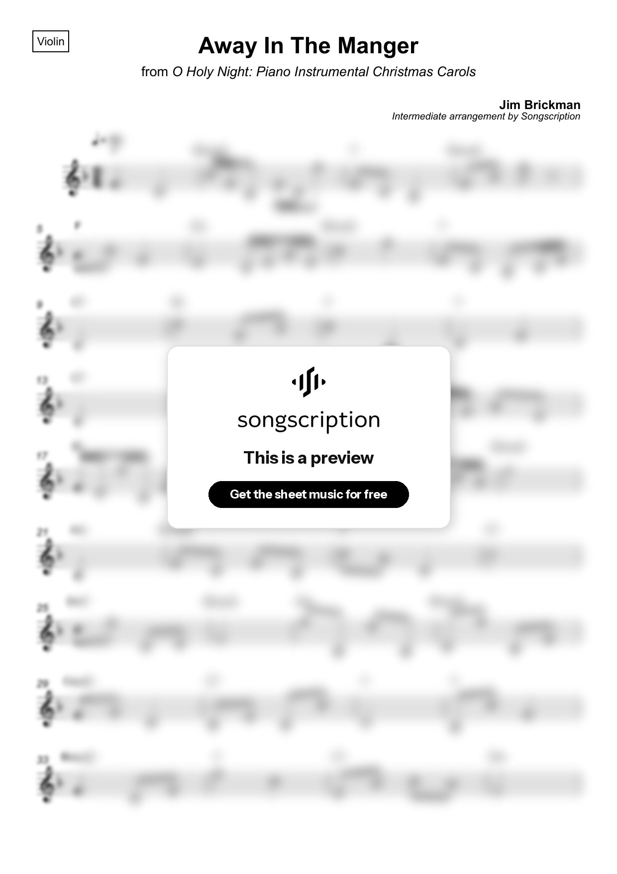 Intermediate Violin Sheet Music for "Away In The Manger" by Jim Brickman