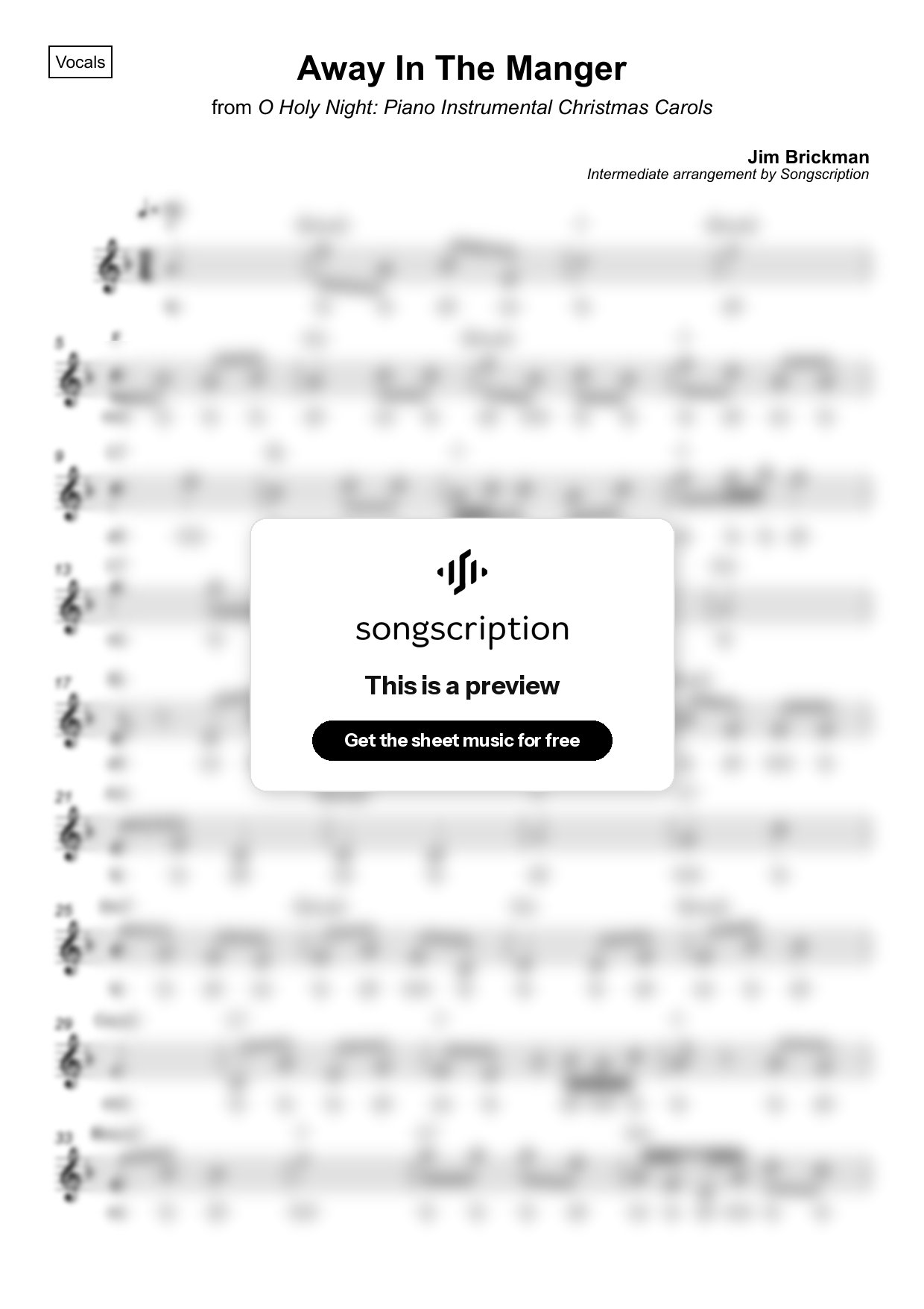 Intermediate Vocals Sheet Music for "Away In The Manger" by Jim Brickman
