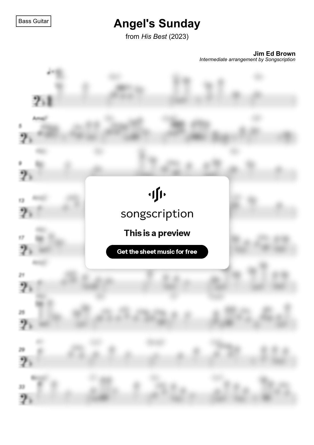 Intermediate Bass Guitar Sheet Music for "Angel's Sunday" by Jim Ed Brown
