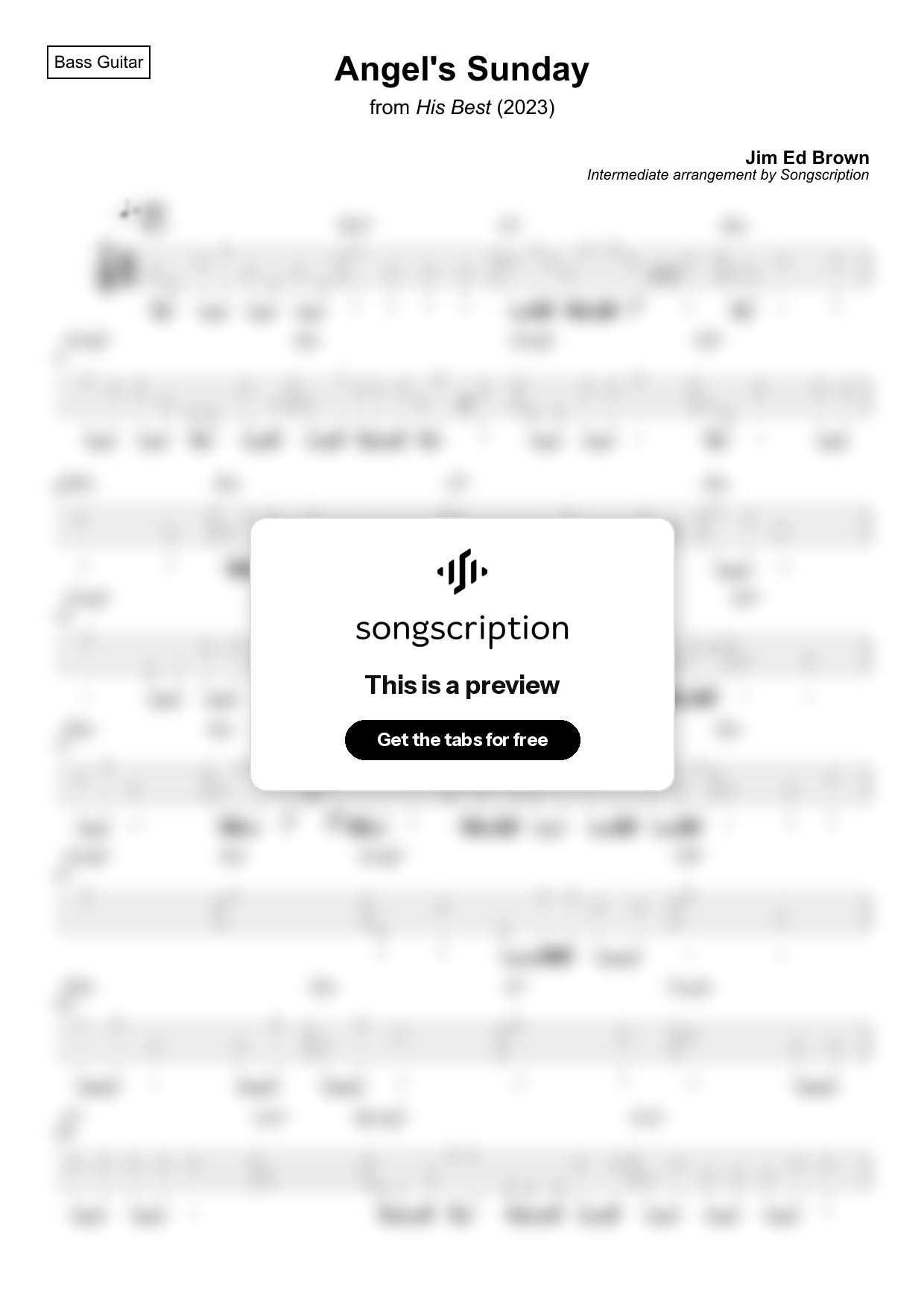 Intermediate Bass Guitar Tabs for "Angel's Sunday" by Jim Ed Brown