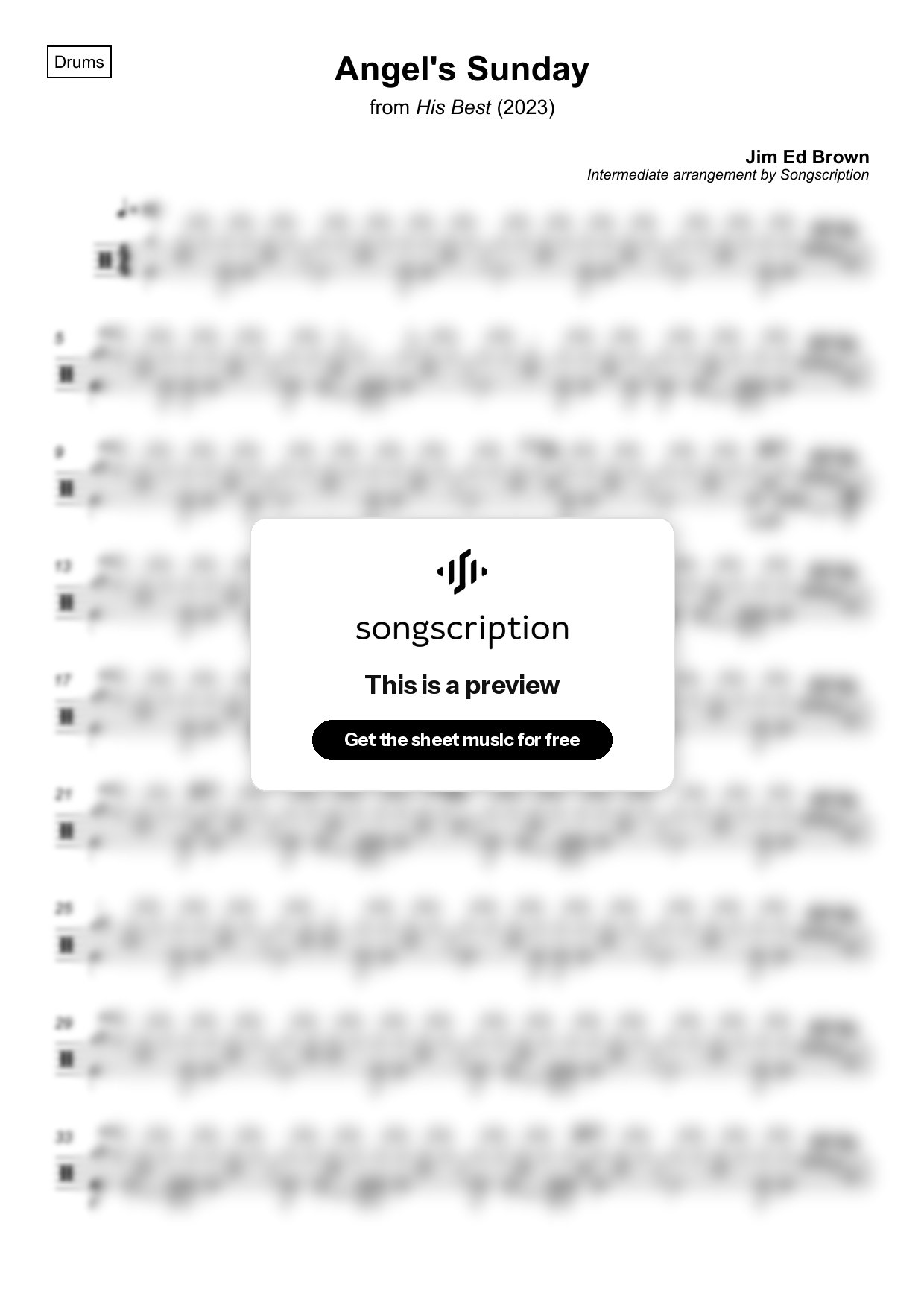 Intermediate Drums Sheet Music for "Angel's Sunday" by Jim Ed Brown