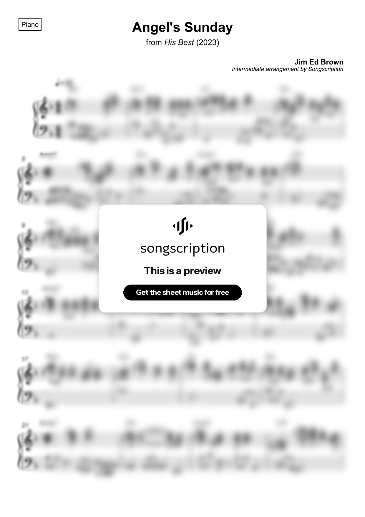 Intermediate Piano Sheet Music for "Angel's Sunday" by Jim Ed Brown