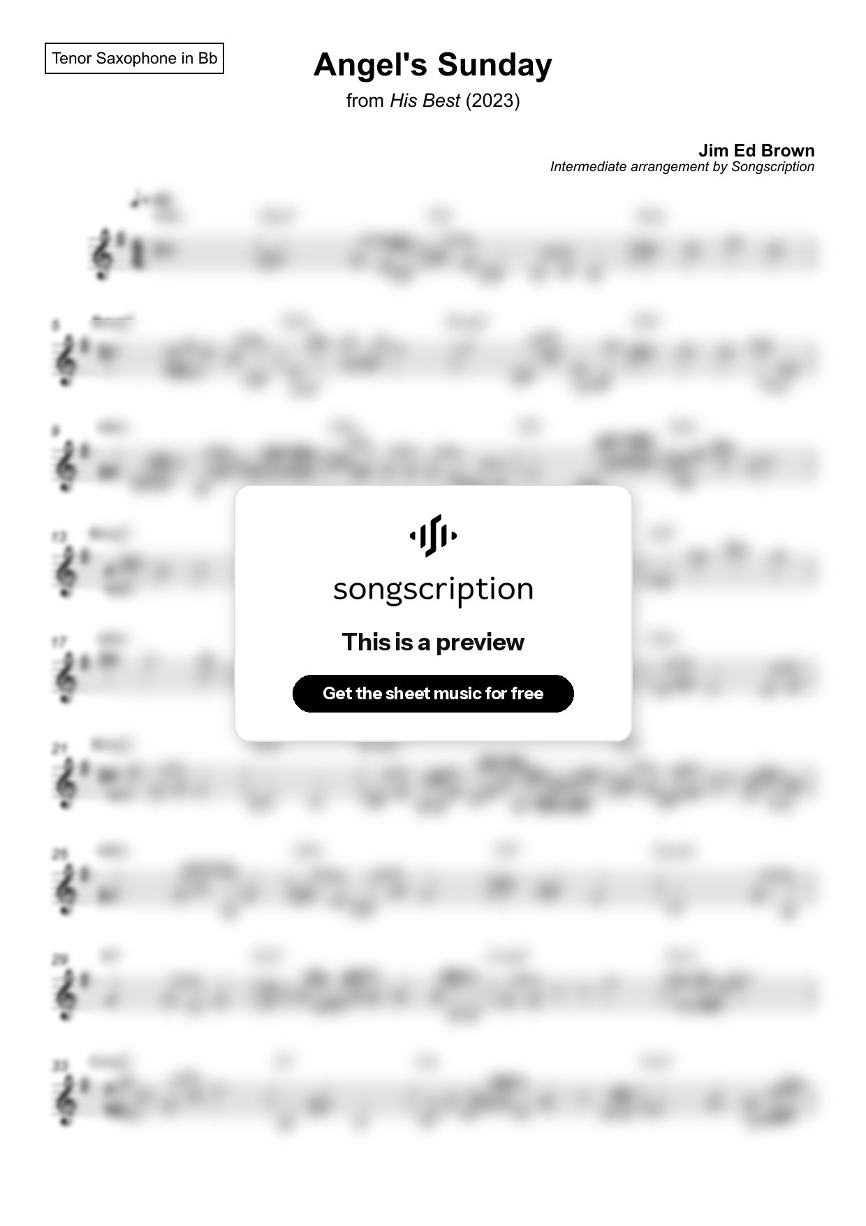 Intermediate Tenor Sax Sheet Music for "Angel's Sunday" by Jim Ed Brown
