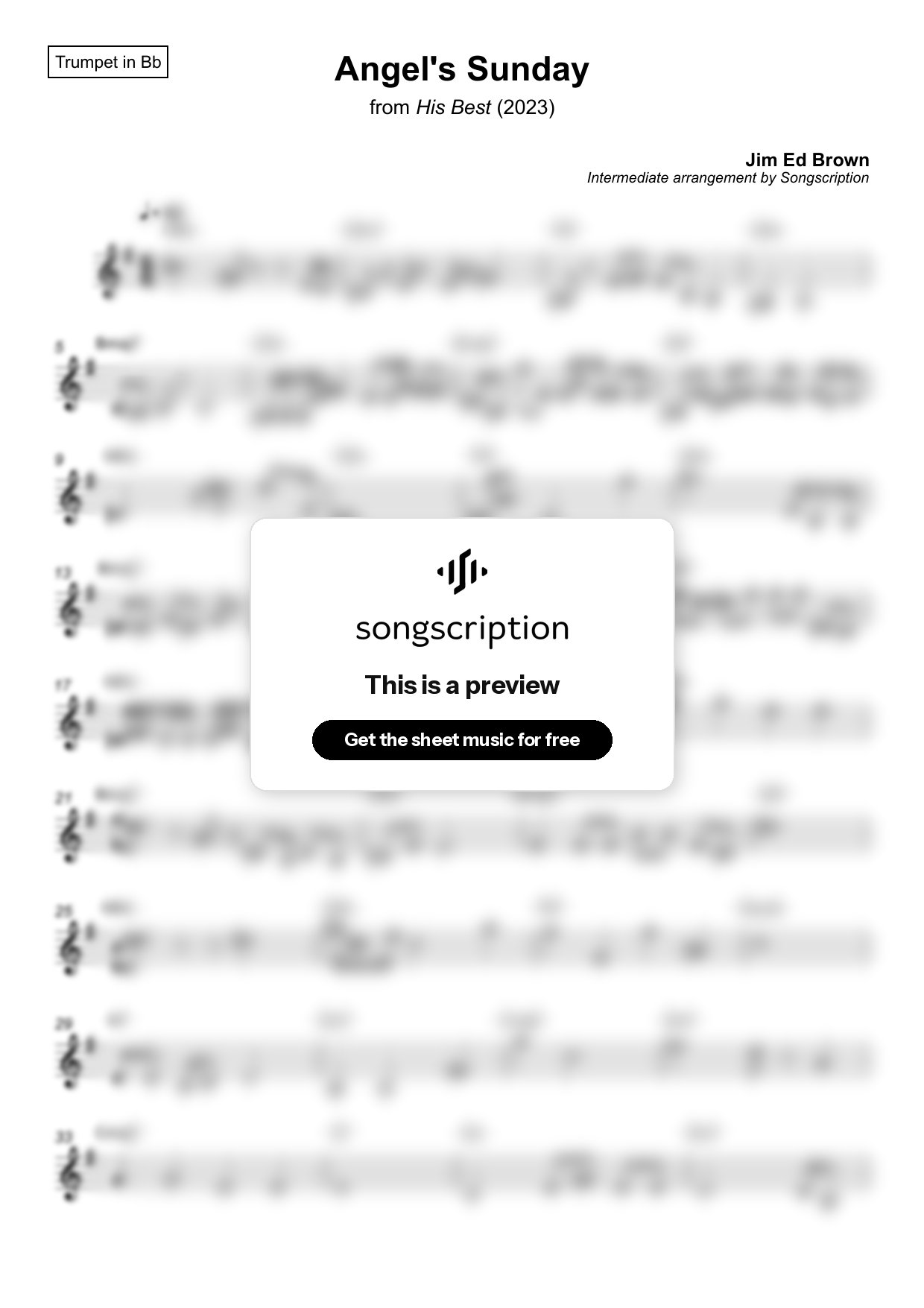 Intermediate Trumpet Sheet Music for "Angel's Sunday" by Jim Ed Brown