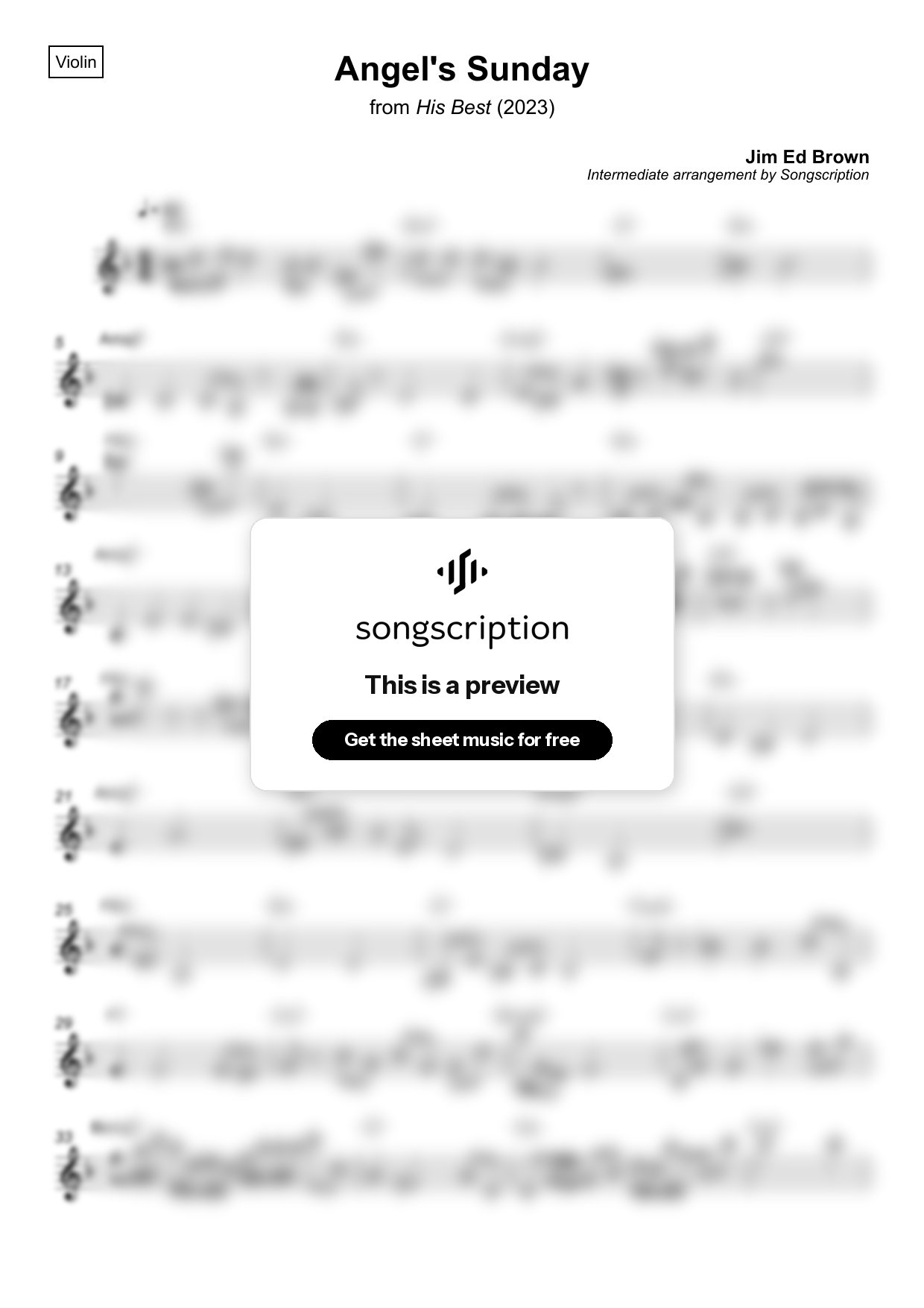 Intermediate Violin Sheet Music for "Angel's Sunday" by Jim Ed Brown