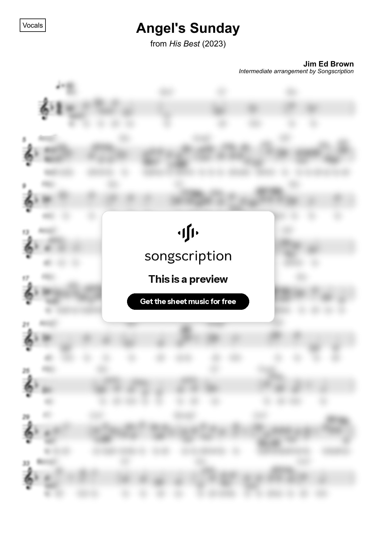 Intermediate Vocals Sheet Music for "Angel's Sunday" by Jim Ed Brown