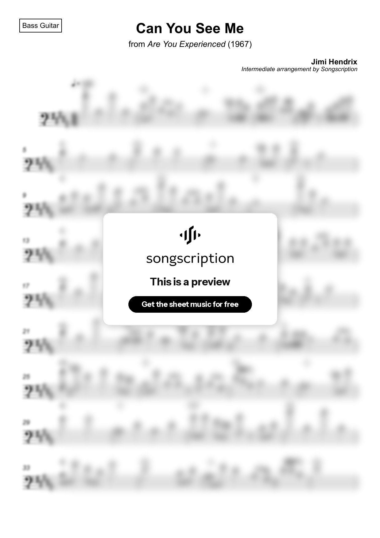 Intermediate Bass Guitar Sheet Music for "Can You See Me" by Jimi Hendrix