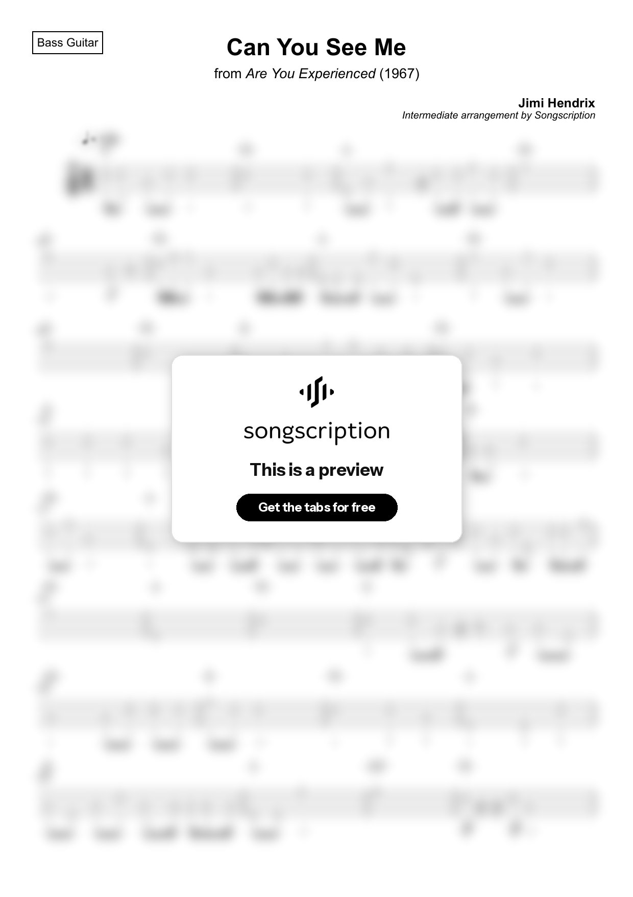 Intermediate Bass Guitar Tabs for "Can You See Me" by Jimi Hendrix