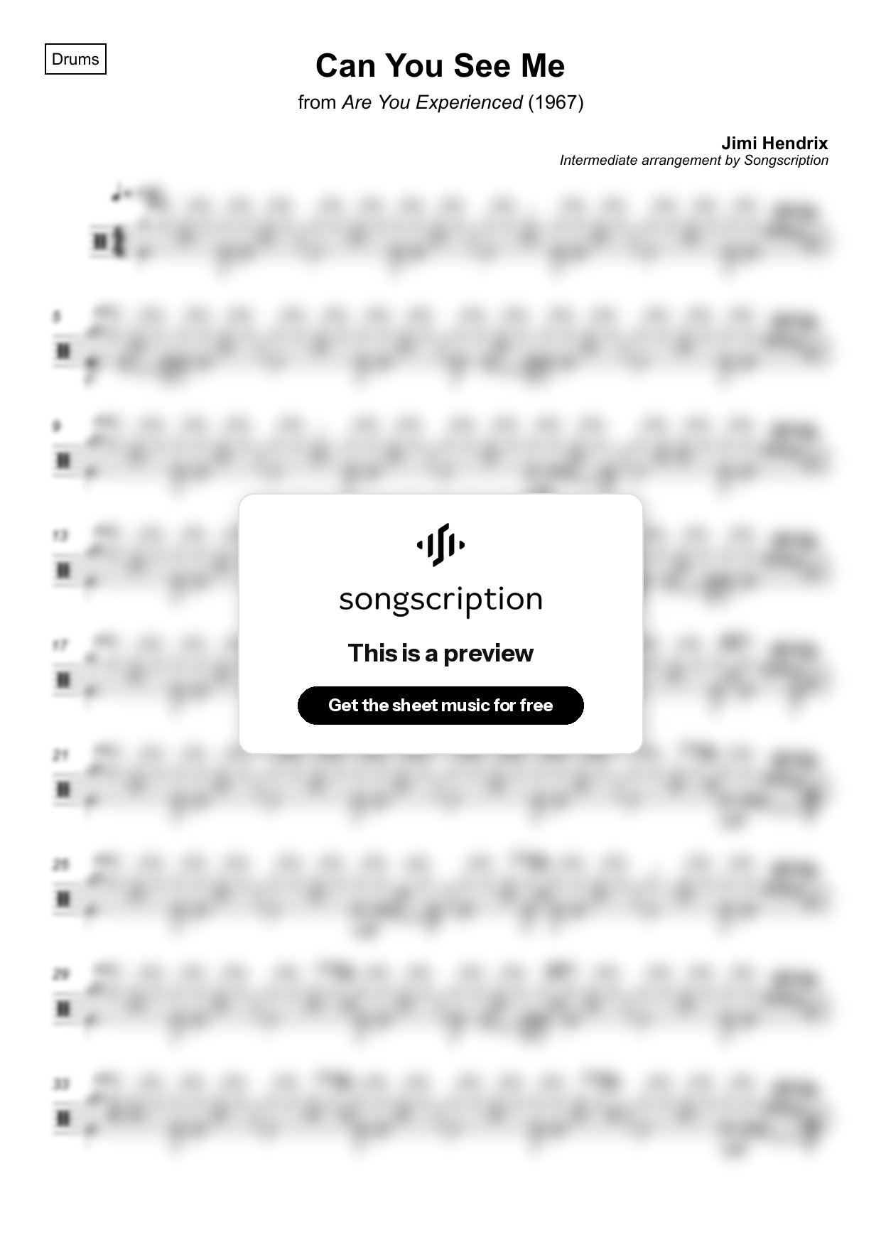 Intermediate Drums Sheet Music for "Can You See Me" by Jimi Hendrix