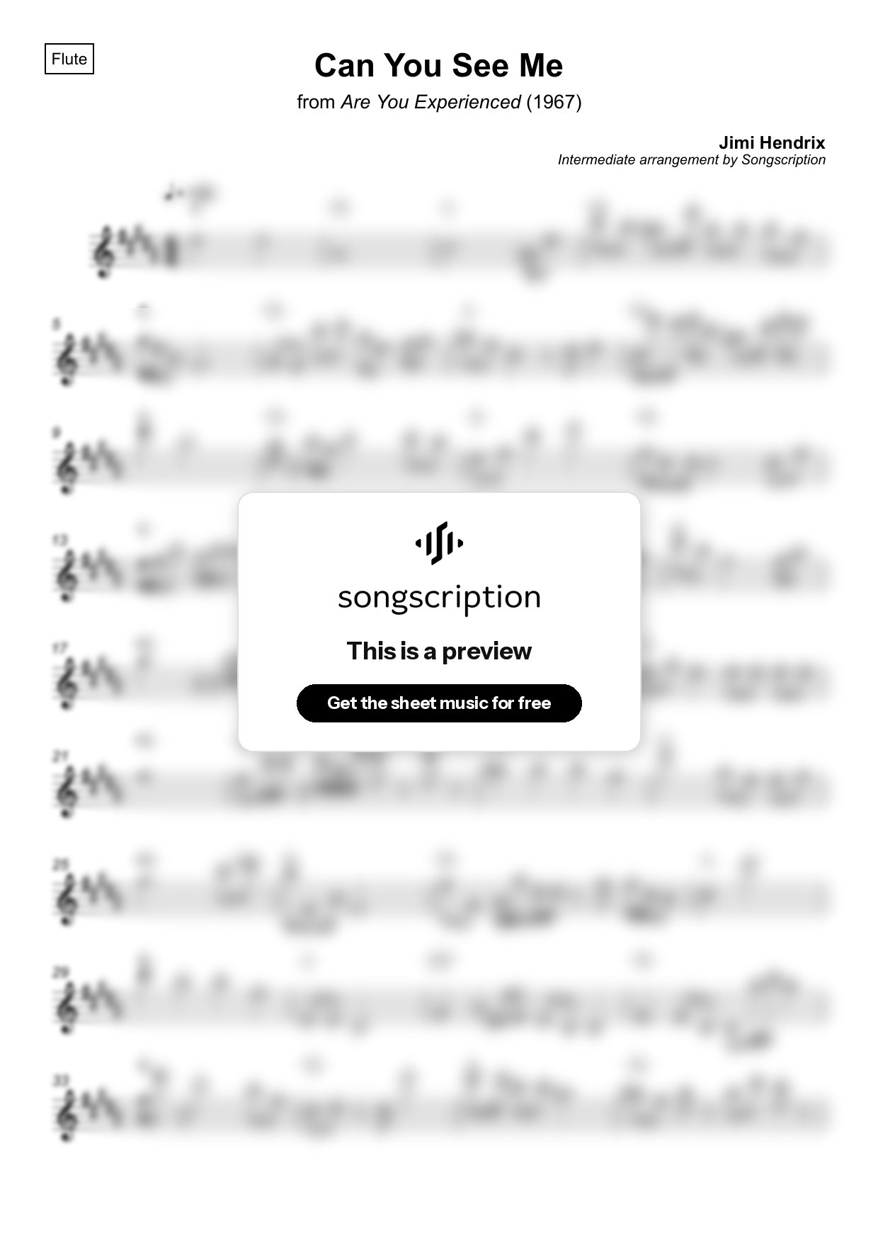 Intermediate Flute Sheet Music for "Can You See Me" by Jimi Hendrix