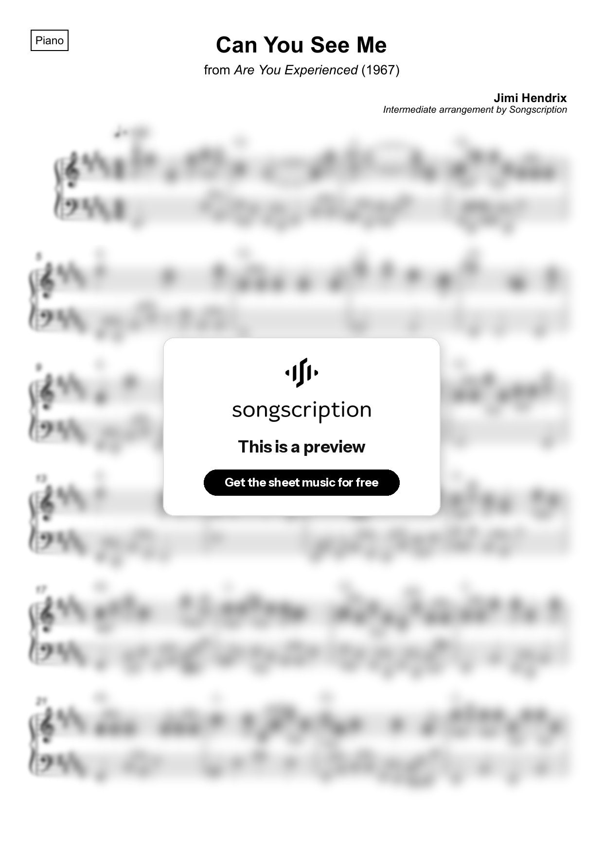 Intermediate Piano Sheet Music for "Can You See Me" by Jimi Hendrix