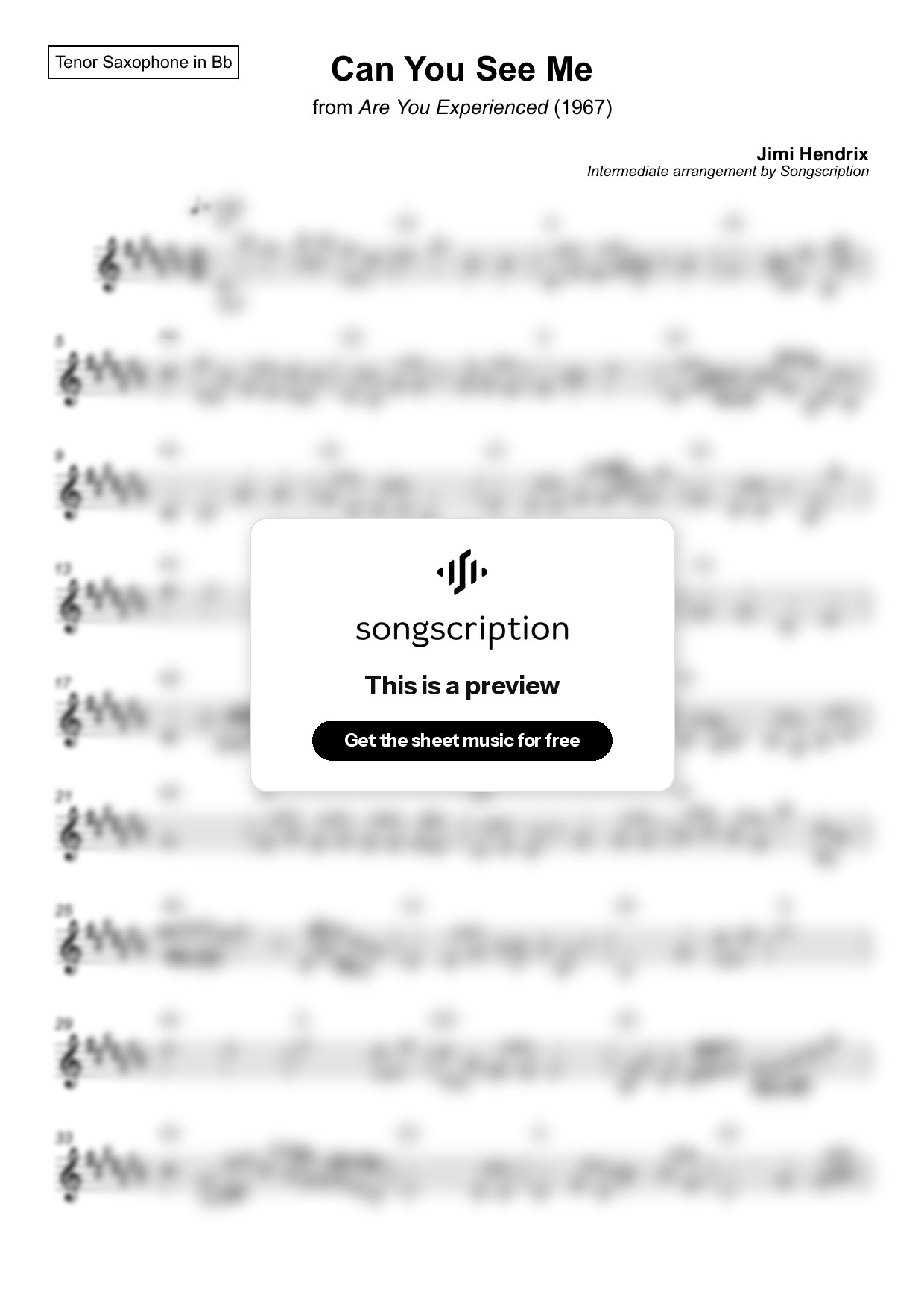 Intermediate Tenor Sax Sheet Music for "Can You See Me" by Jimi Hendrix