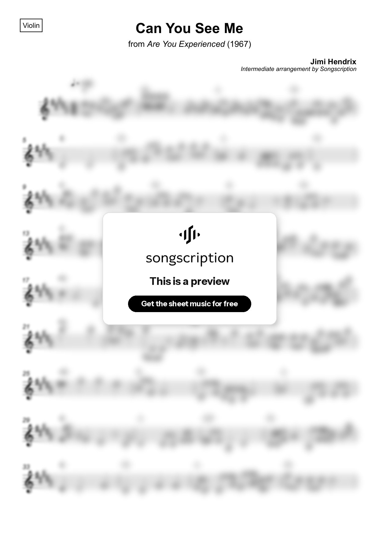Intermediate Violin Sheet Music for "Can You See Me" by Jimi Hendrix