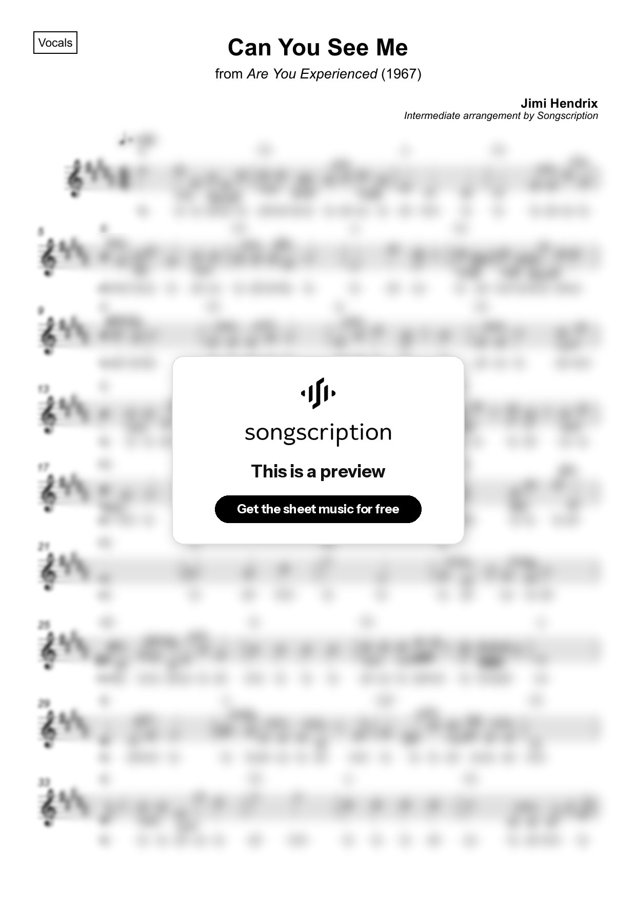 Intermediate Vocals Sheet Music for "Can You See Me" by Jimi Hendrix