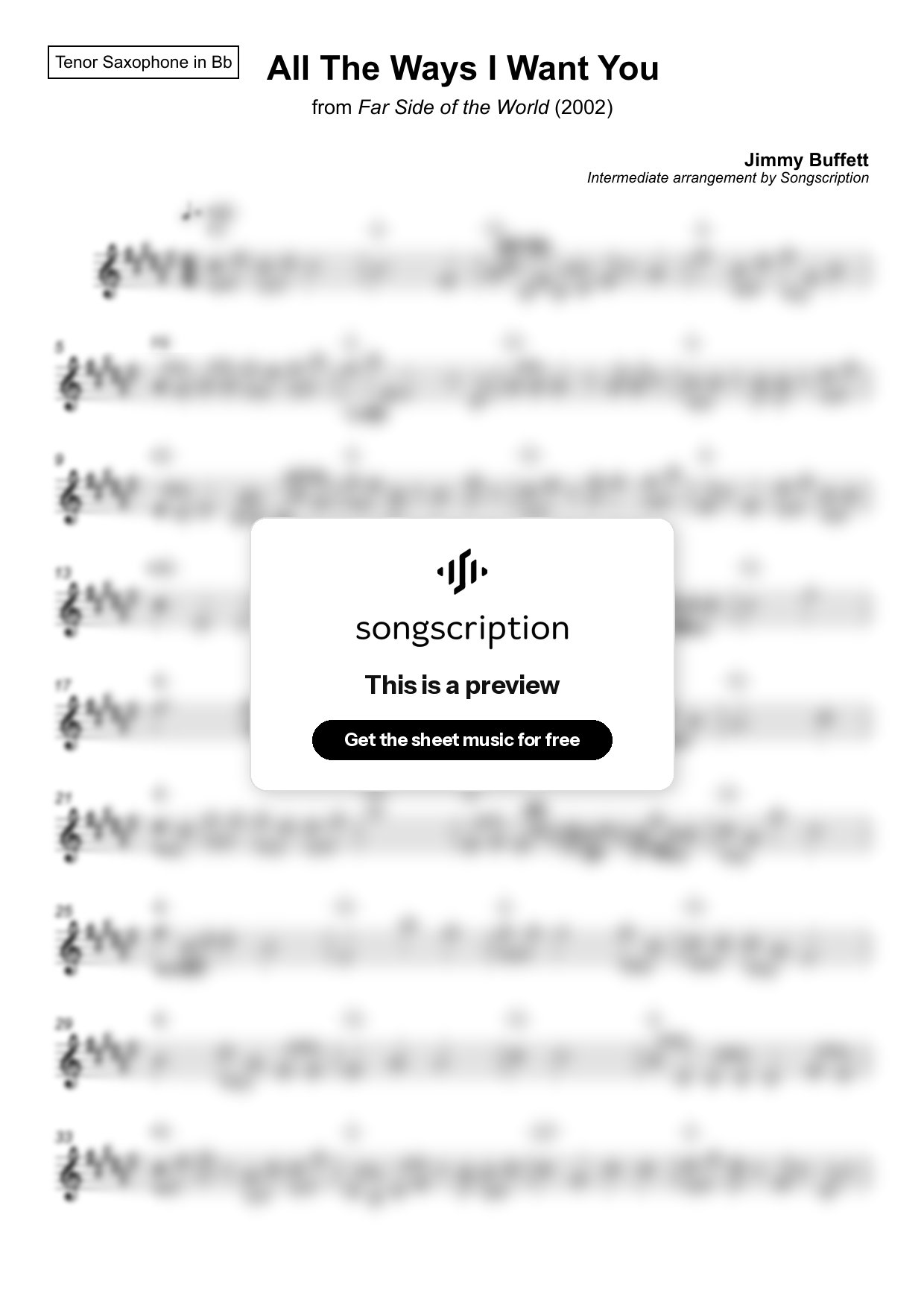 Intermediate Tenor Sax Sheet Music for "All The Ways I Want You" by Jimmy Buffett